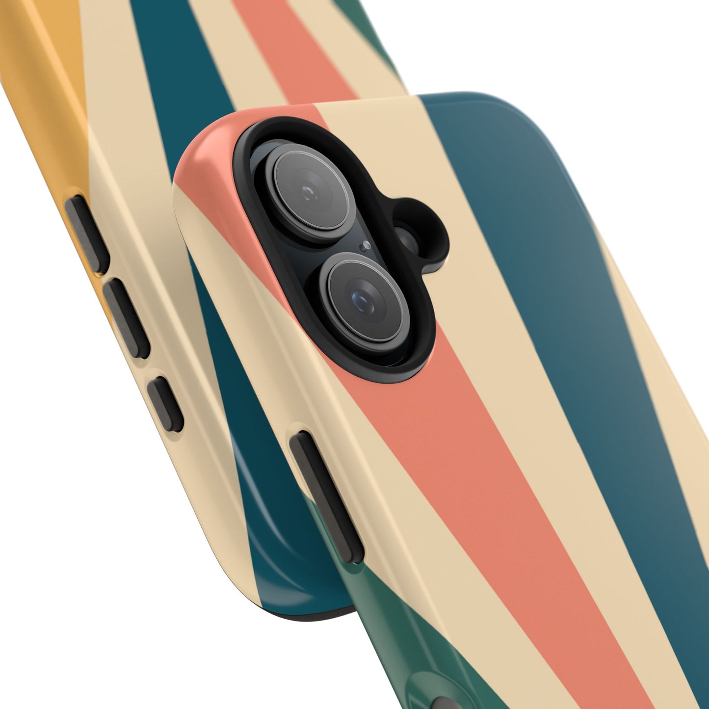 Retro Sunbeam iPhone Case – 70s-Inspired Radiating Stripes in Coral, Teal, and Mustard