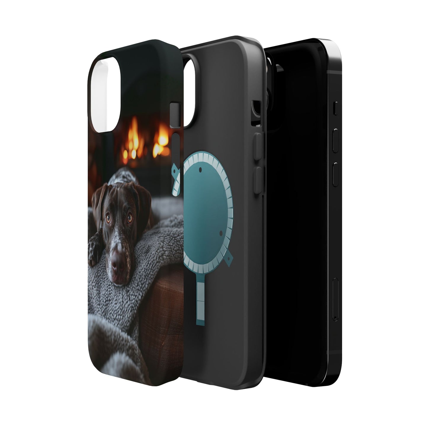 Cozy German Shorthaired Pointer MagSafe iPhone Case – Rustic Fireplace Protective Cover