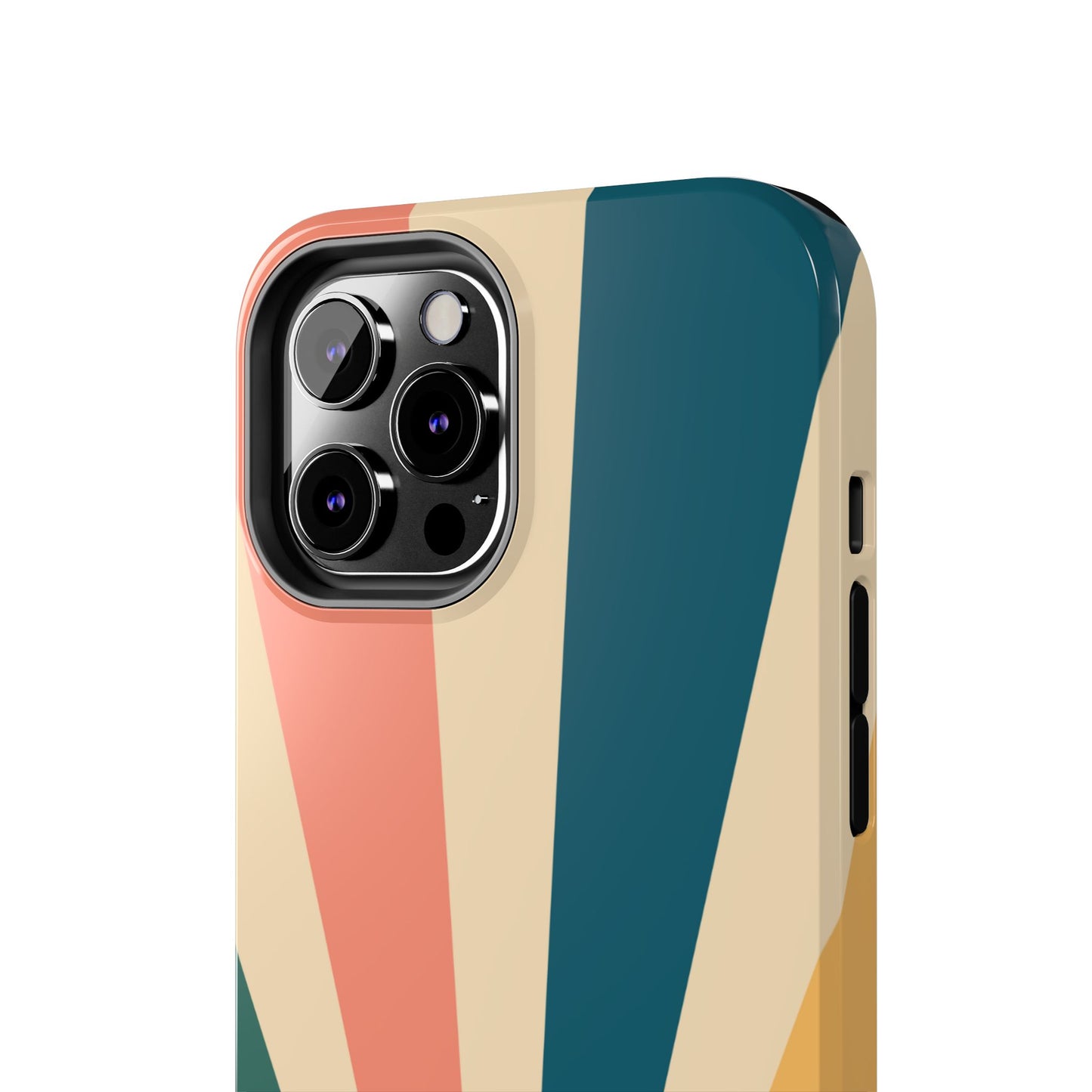 Retro Sunbeam iPhone Case – 70s-Inspired Radiating Stripes in Coral, Teal, and Mustard