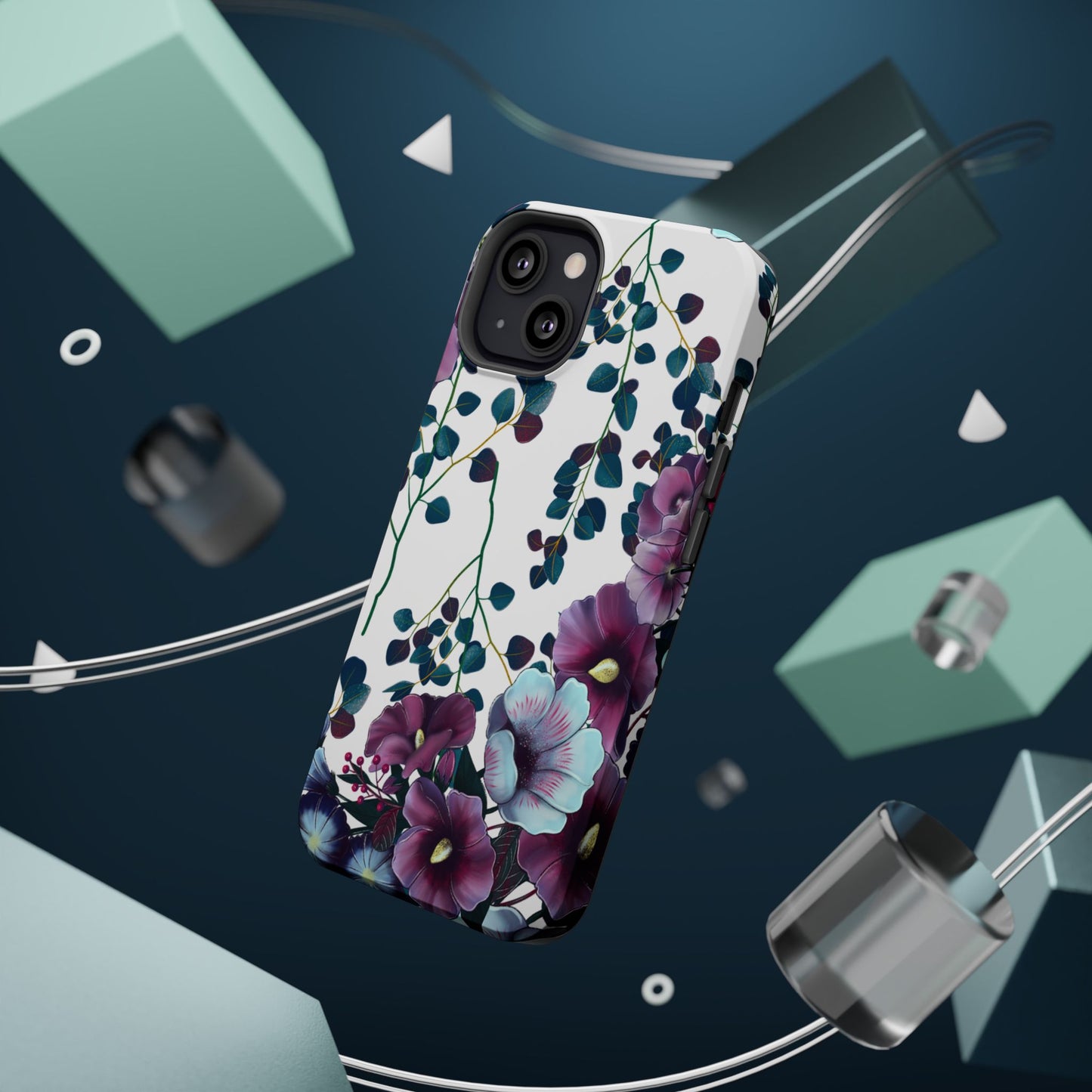Moody Purple & Teal Floral MagSafe iPhone Series Case – Elegant Botanical Design