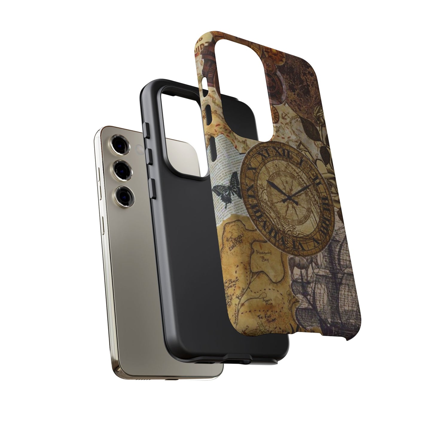 Steampunk Vintage Adventure Samsung Galaxy Case – Dual-Layer Protection with Antique Map and Clock Design