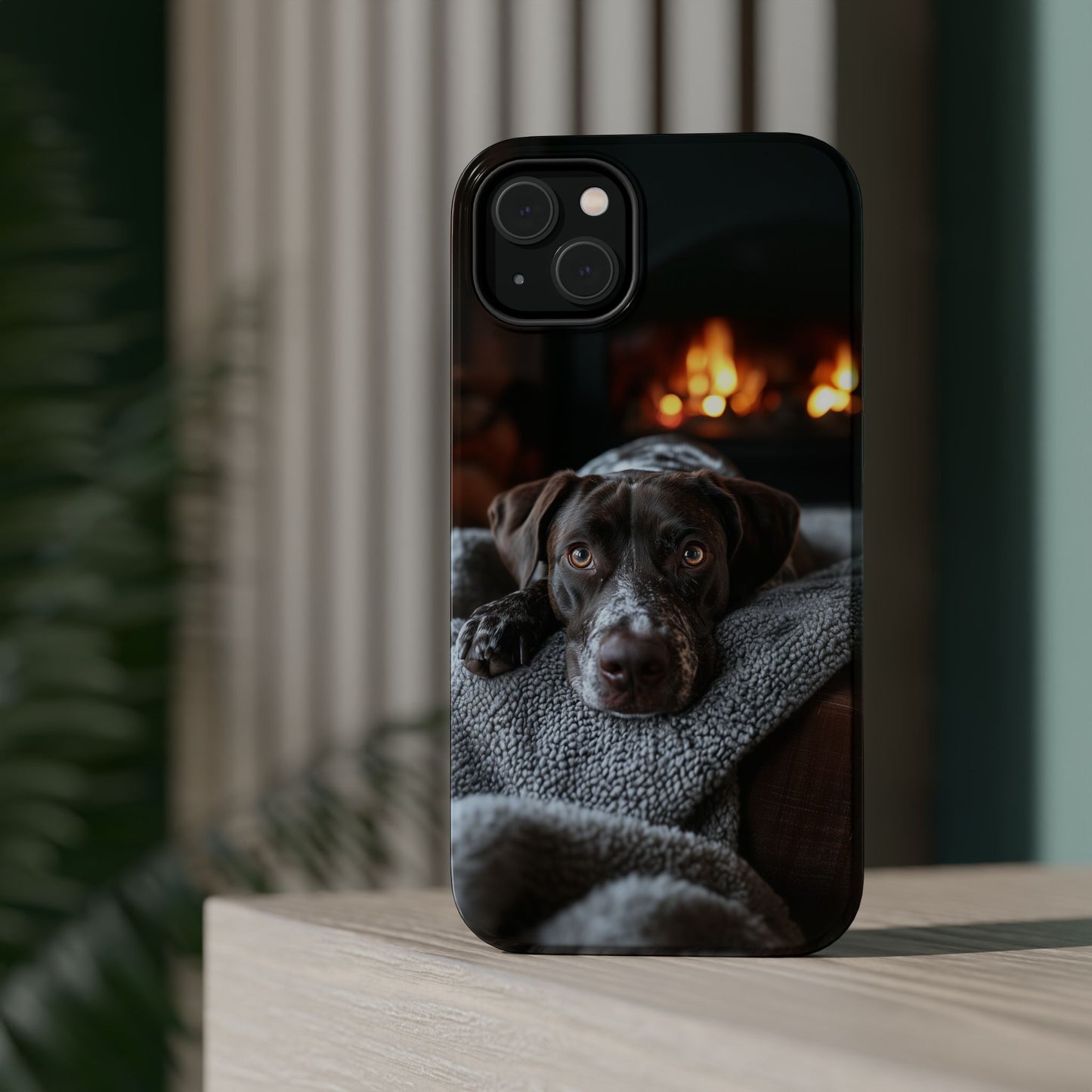 Cozy German Shorthaired Pointer MagSafe iPhone Case – Rustic Fireplace Protective Cover