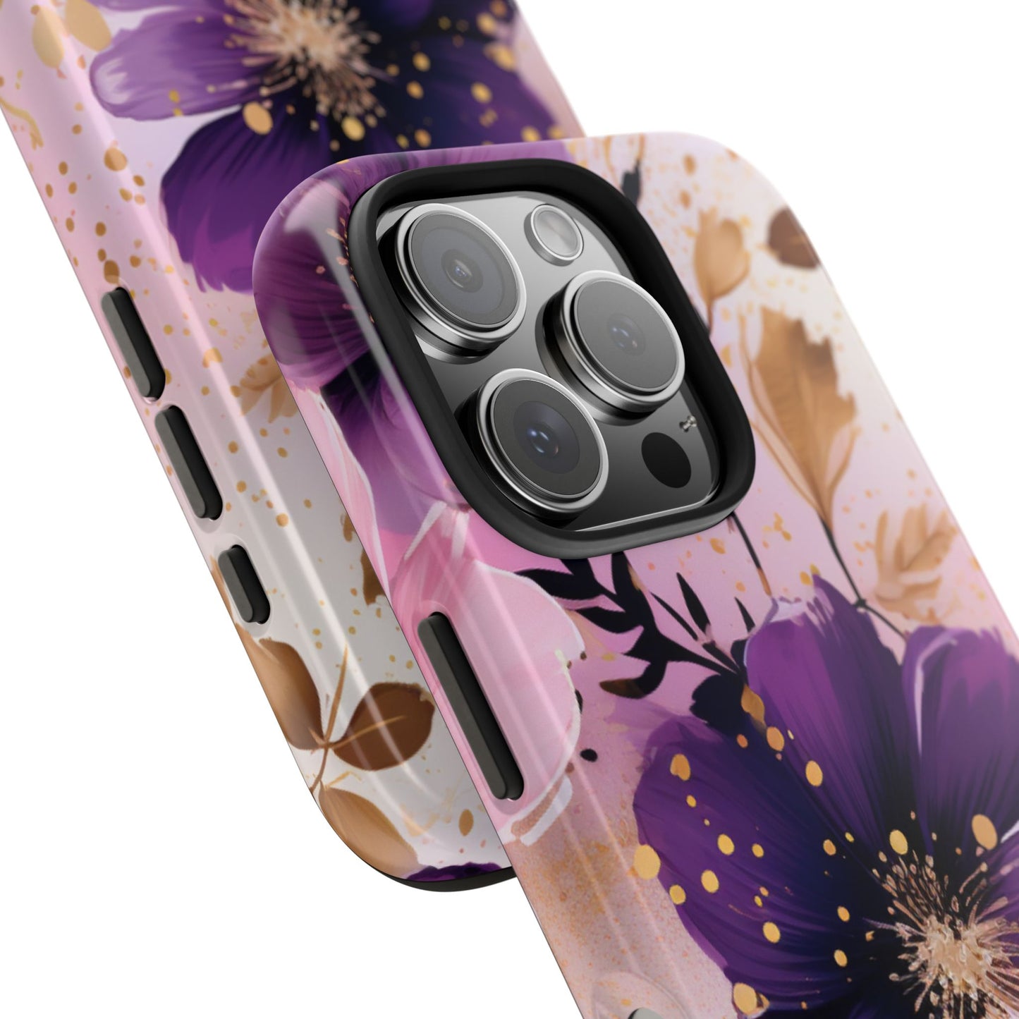 Elegant Purple & Gold Floral iPhone Case - Luxe Flower Design