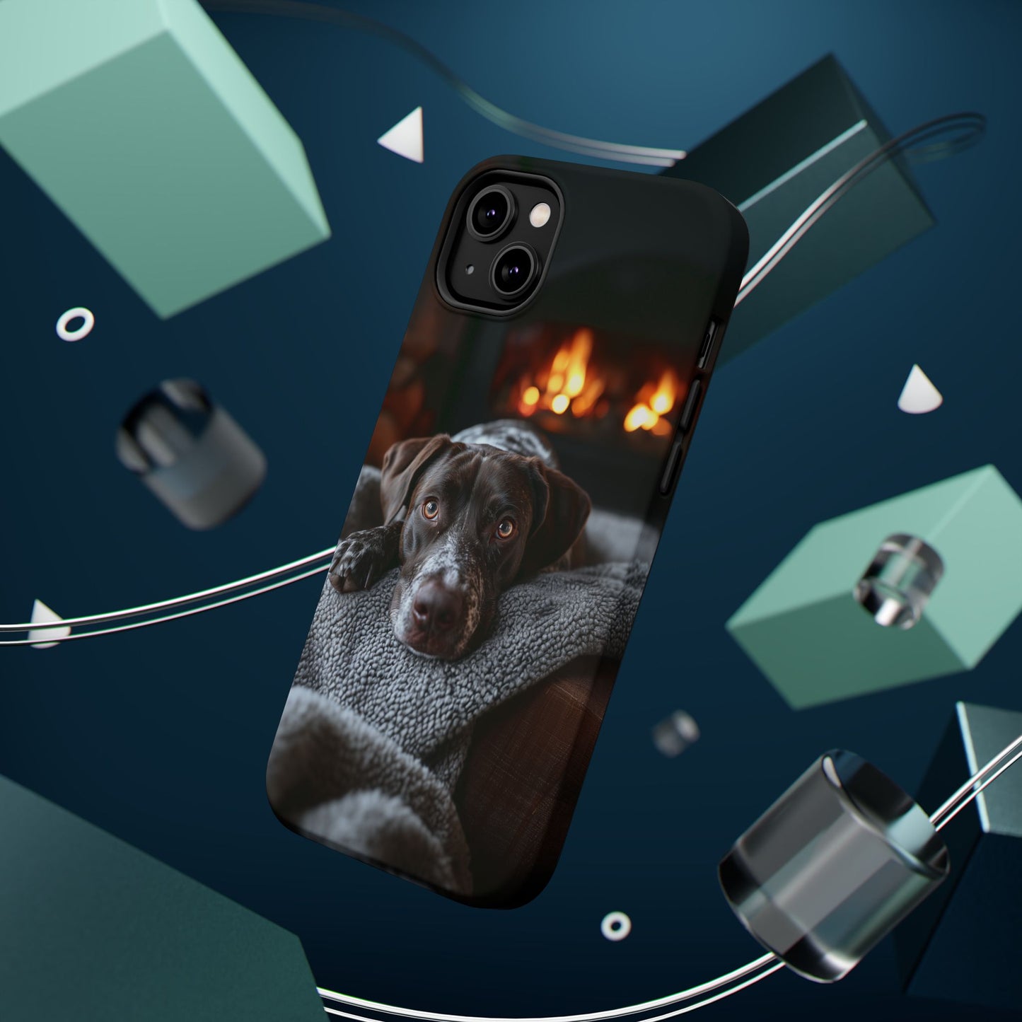 Cozy German Shorthaired Pointer MagSafe iPhone Case – Rustic Fireplace Protective Cover