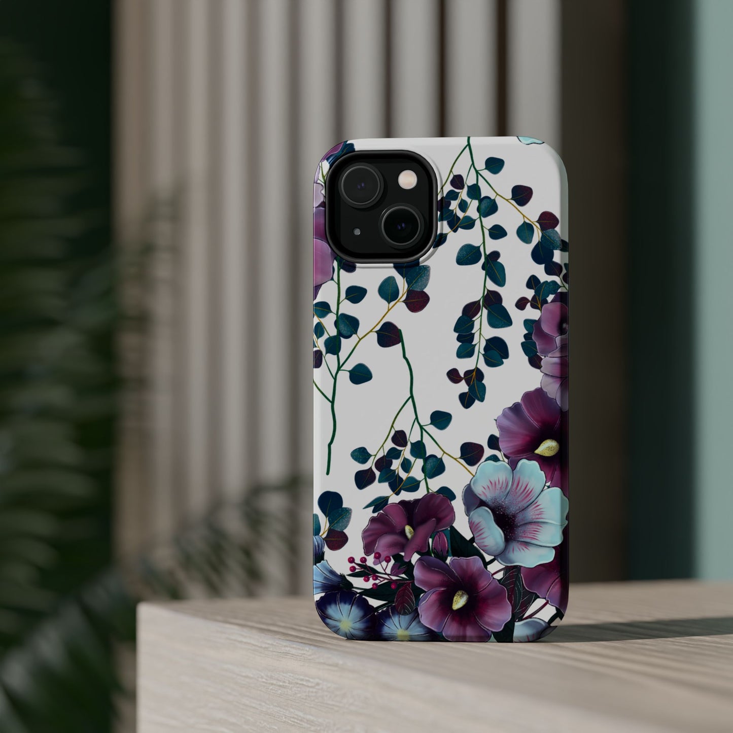 Moody Purple & Teal Floral MagSafe iPhone Series Case – Elegant Botanical Design