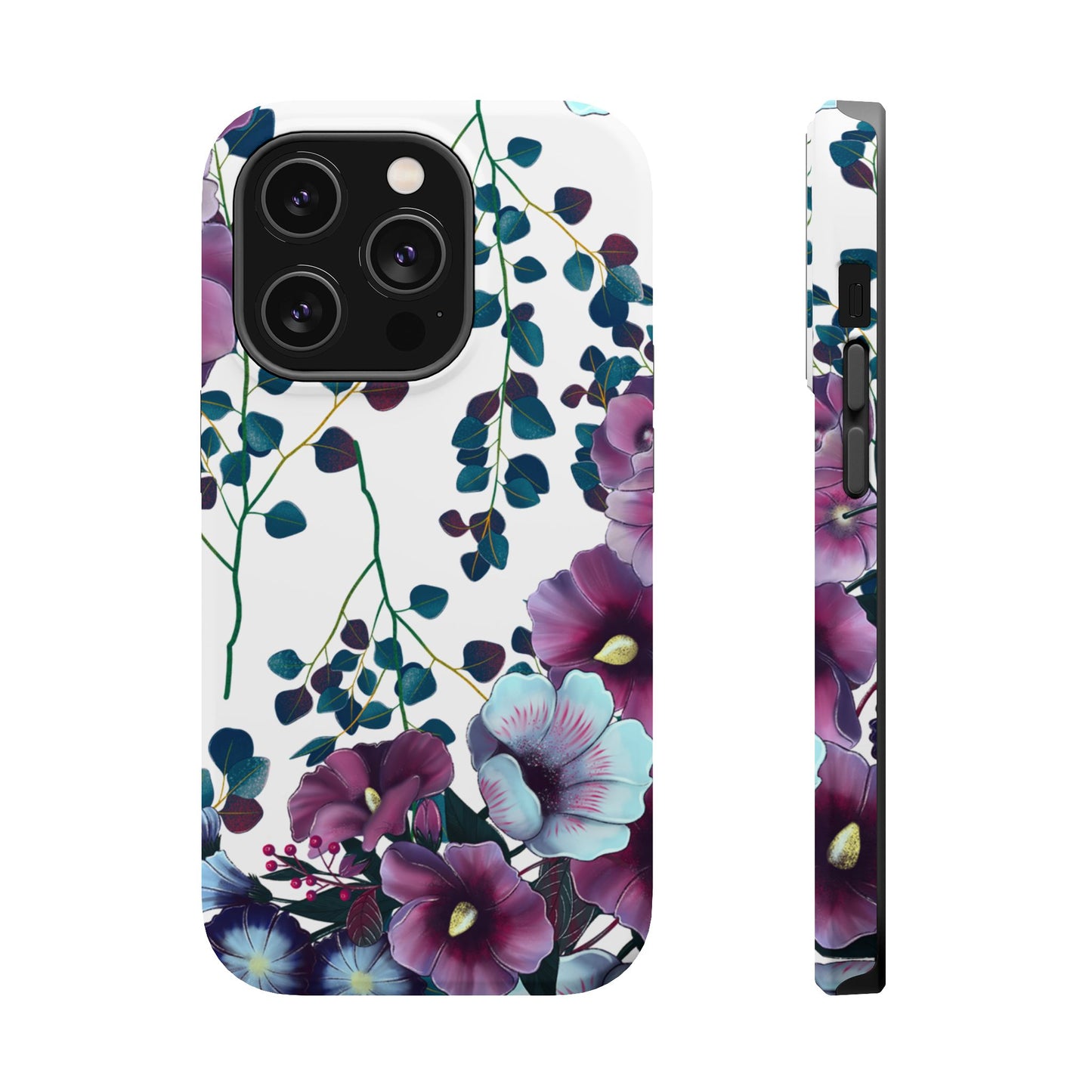 Moody Purple & Teal Floral MagSafe iPhone Series Case – Elegant Botanical Design