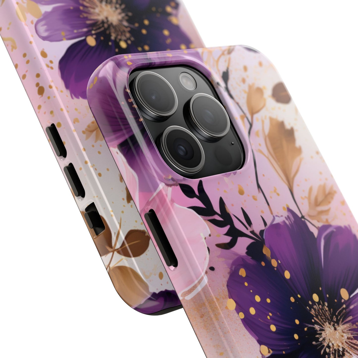 Elegant Purple & Gold Floral iPhone Case - Luxe Flower Design