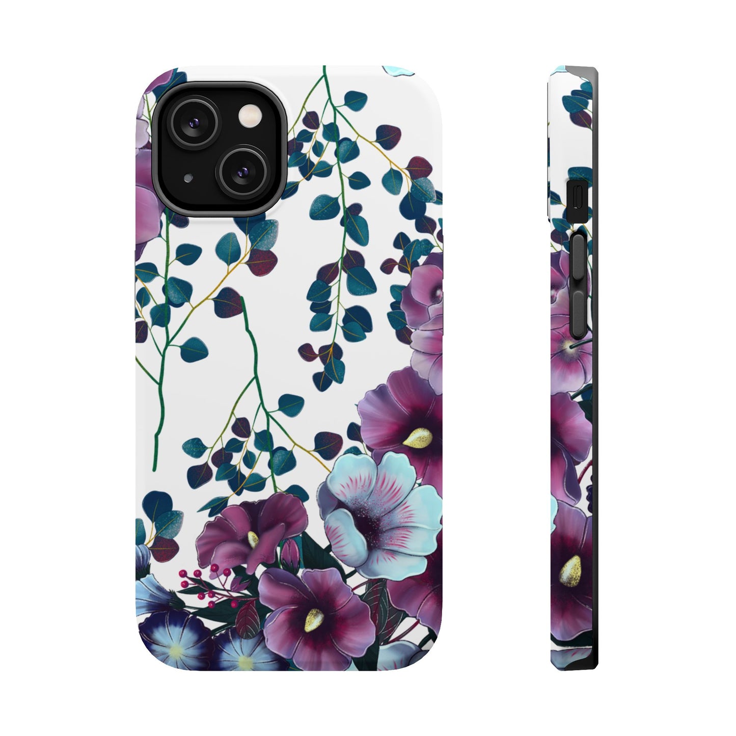 Moody Purple & Teal Floral MagSafe iPhone Series Case – Elegant Botanical Design