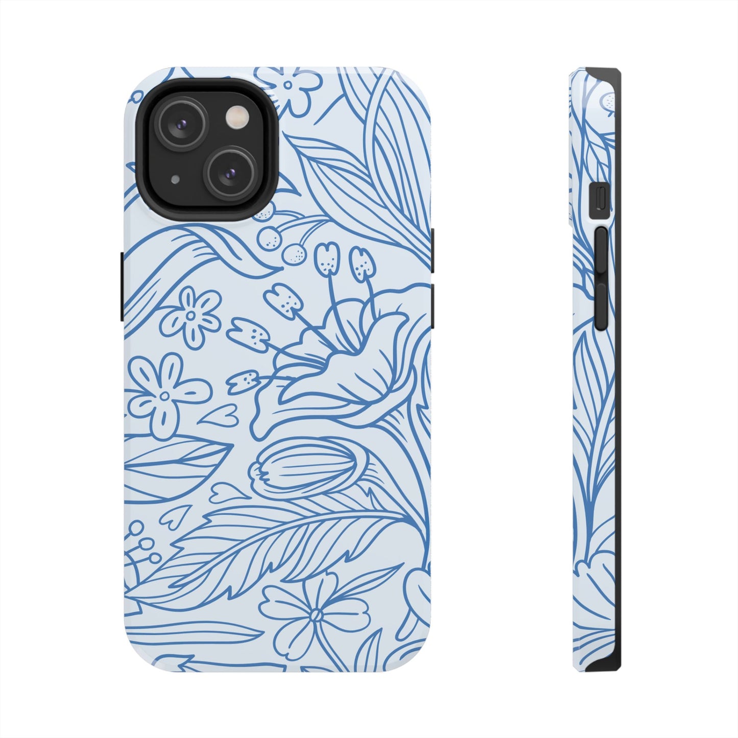 Dusty Blue Floral Line Art Tough iPhone Case – Minimalist Botanical Design with Dual-Layer Protection