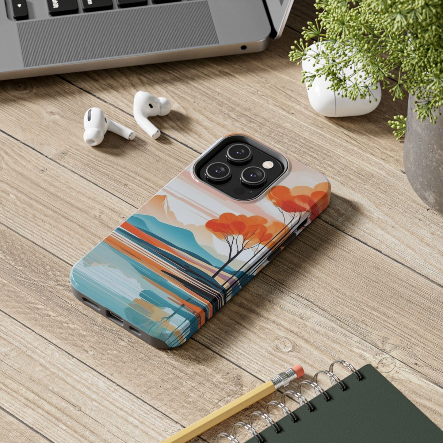 Serene Sunset Lake iPhone Case – Minimalist Landscape Art, Dual-Layer Protection