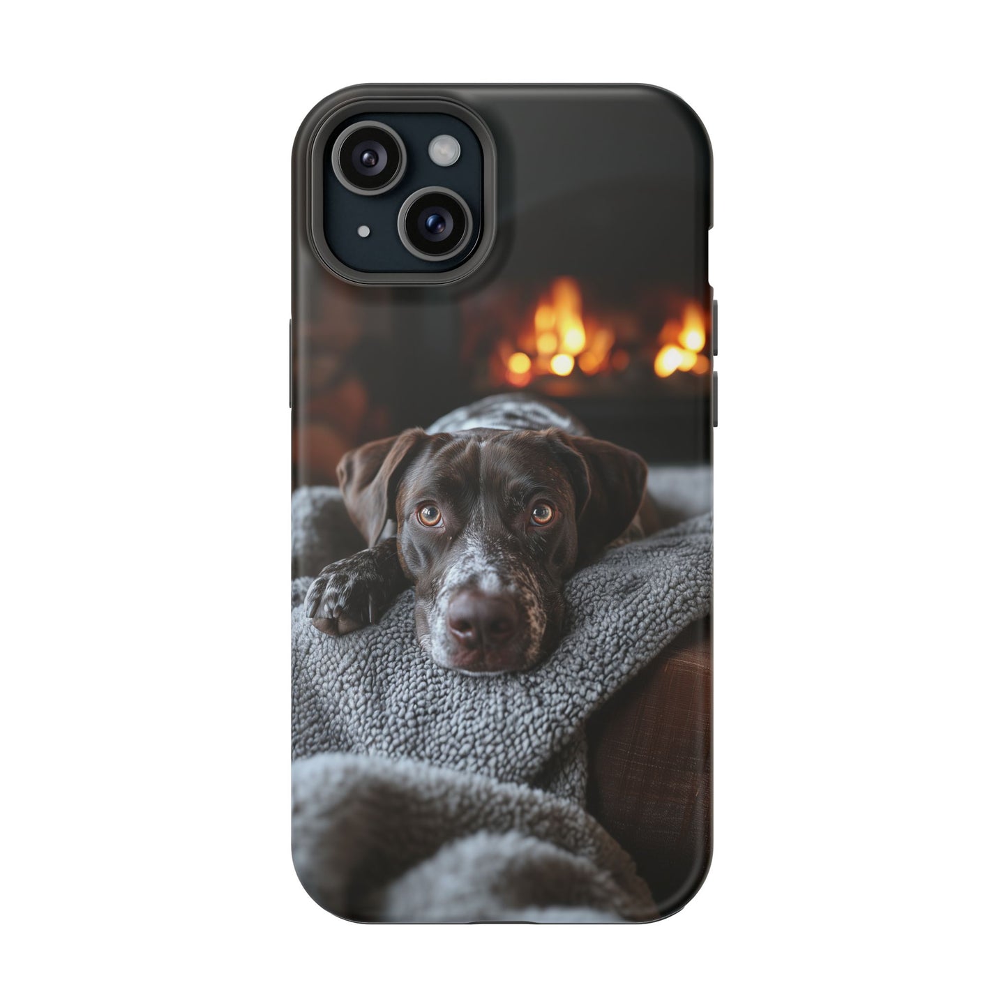 Cozy German Shorthaired Pointer MagSafe iPhone Case – Rustic Fireplace Protective Cover