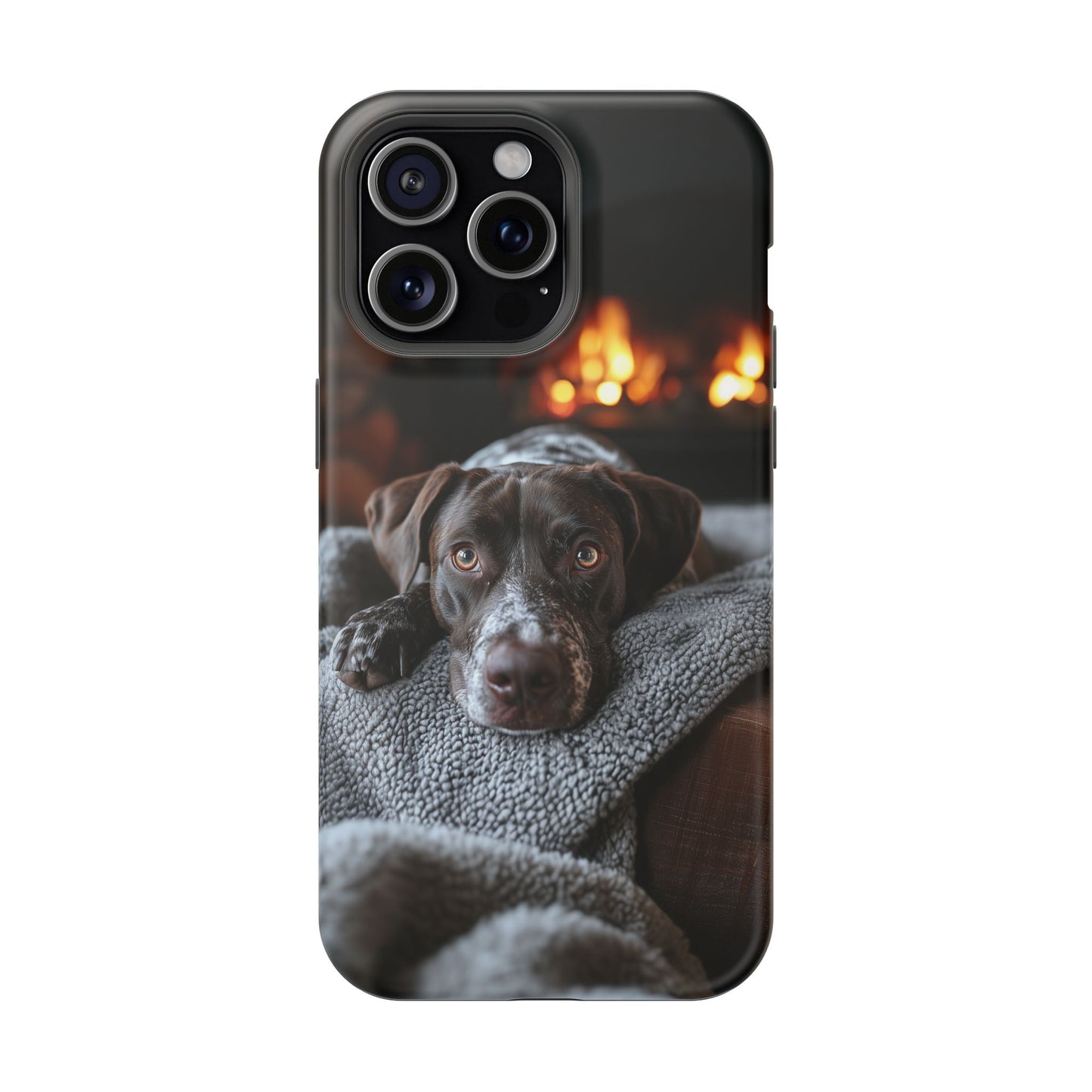 Cozy German Shorthaired Pointer MagSafe iPhone Case – Rustic Fireplace Protective Cover