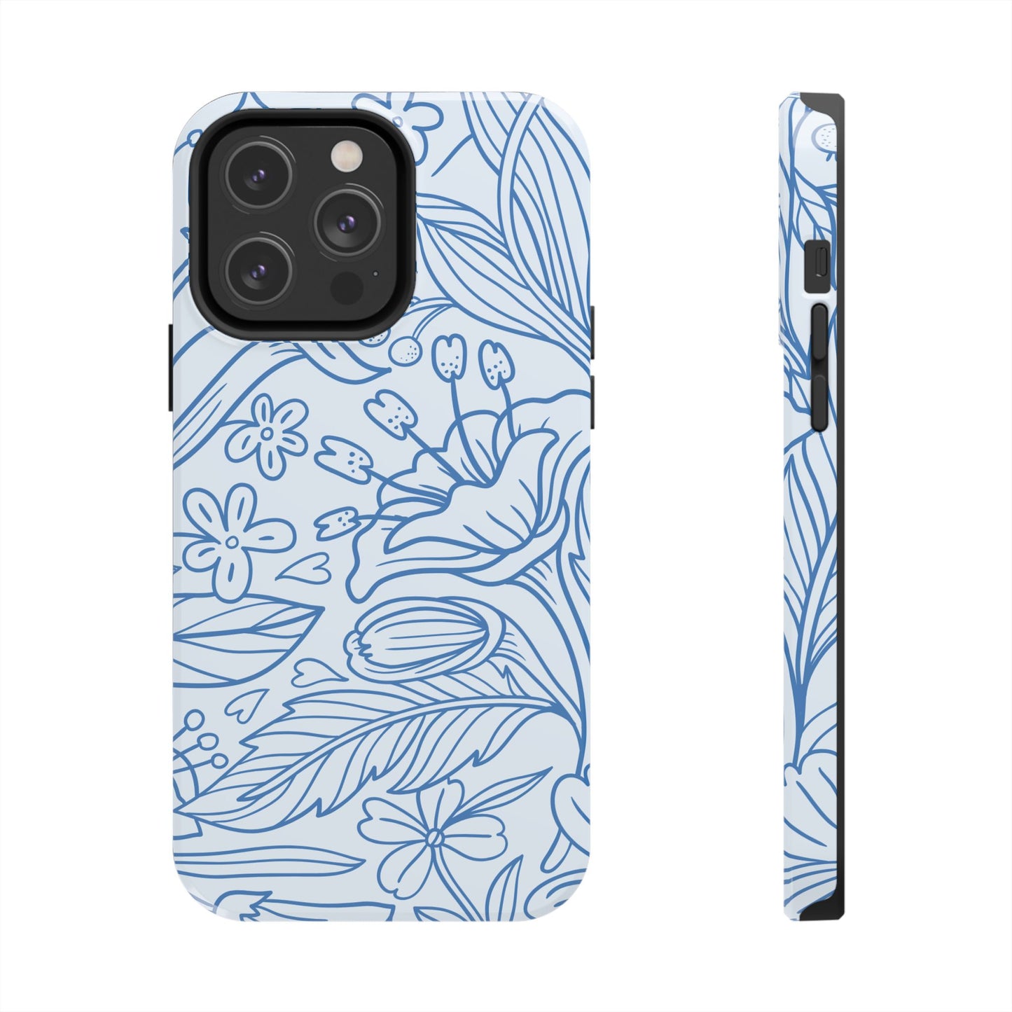 Dusty Blue Floral Line Art Tough iPhone Case – Minimalist Botanical Design with Dual-Layer Protection