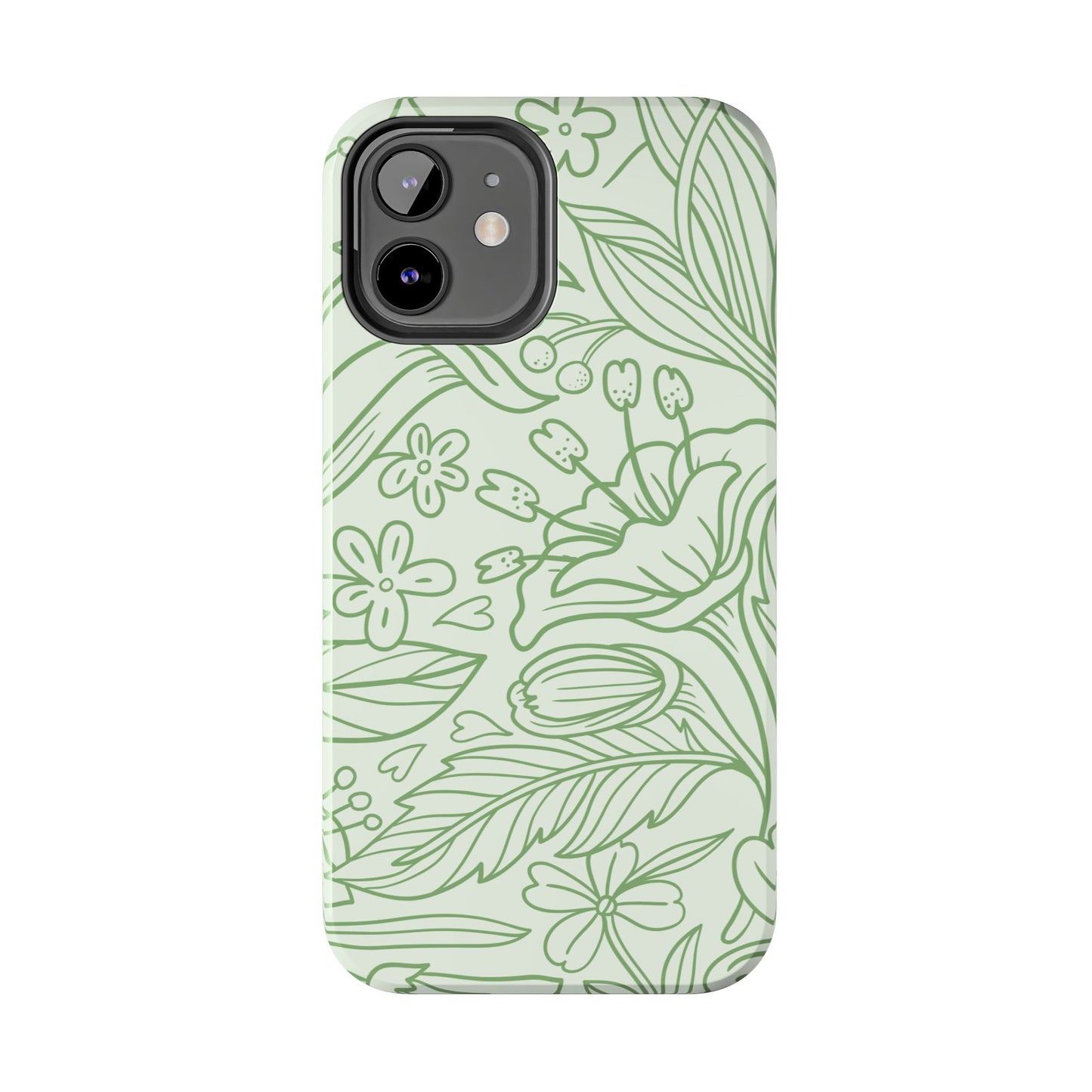 Sage Green Floral Line Art Tough iPhone Case – Minimalist Botanical Design with Dual-Layer Protection