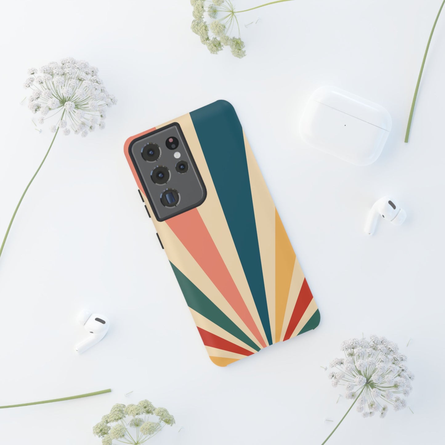 Retro Sunbeam Samsung Galaxy Case – 70s-Inspired Radiating Stripes in Coral, Teal, and Mustard