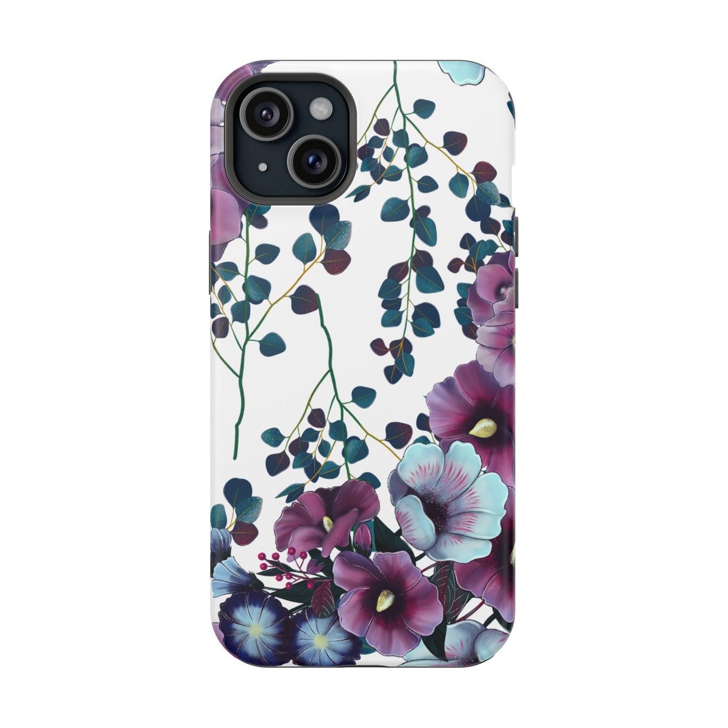 Moody Purple & Teal Floral MagSafe iPhone Series Case – Elegant Botanical Design