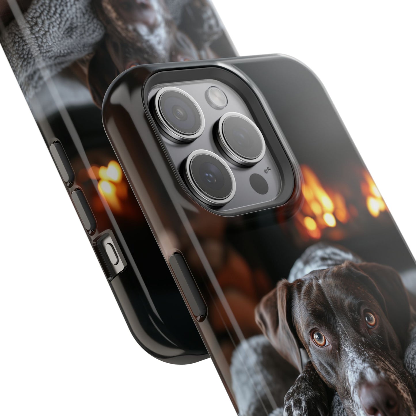 Cozy German Shorthaired Pointer MagSafe iPhone Case – Rustic Fireplace Protective Cover
