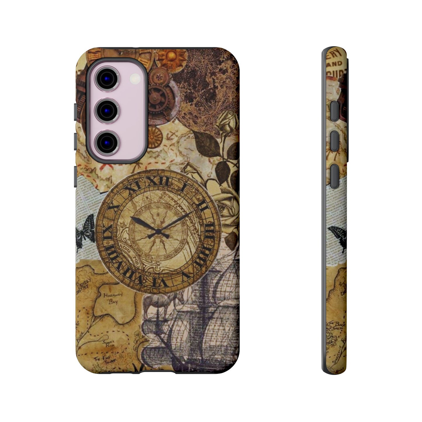 Steampunk Vintage Adventure Samsung Galaxy Case – Dual-Layer Protection with Antique Map and Clock Design