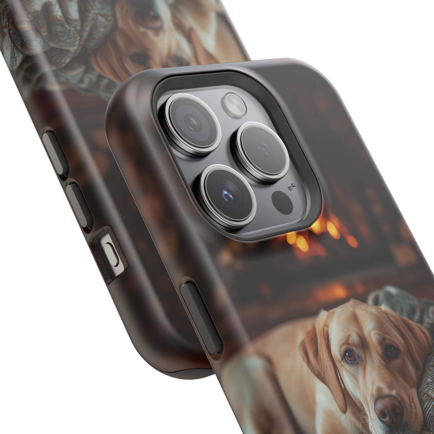 Cozy Labrador by Fireplace MagSafe iPhone Case – Rustic Cabin Protective Cover