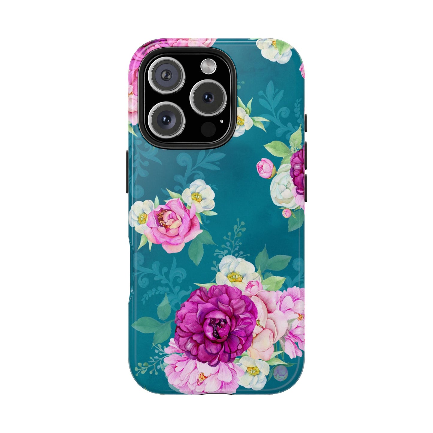 Elegant Peony Bouquet iPhone Case – Deep Teal Background with Romantic Floral Design