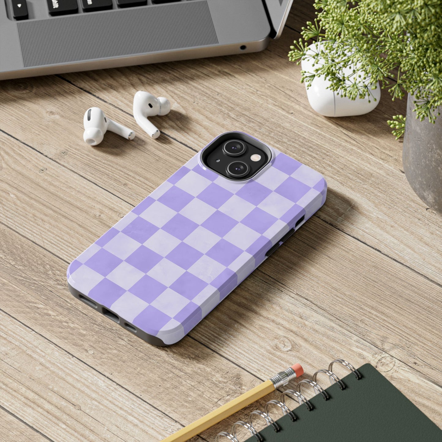 Lavender Checkerboard iPhone Case – Shockproof, Smooth Matte Finish, Dual-Layer Design
