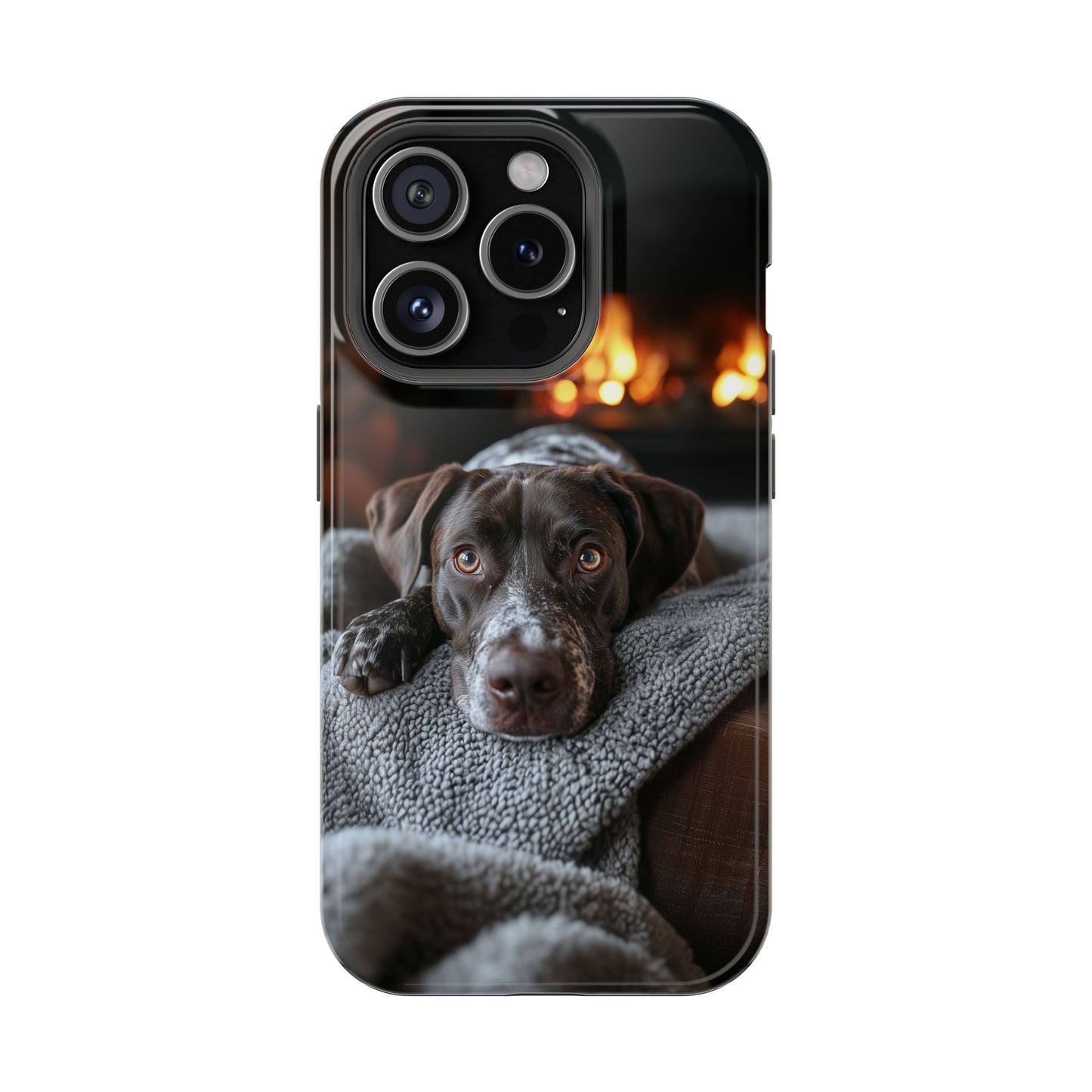 Cozy German Shorthaired Pointer MagSafe iPhone Case – Rustic Fireplace Protective Cover