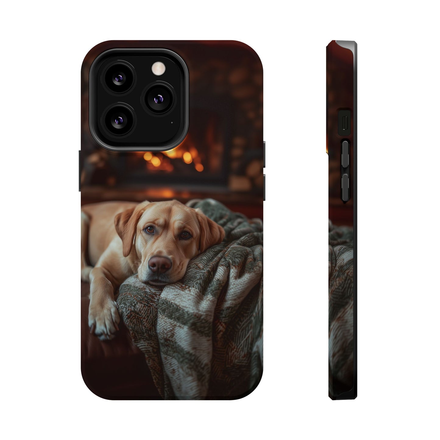 Cozy Labrador by Fireplace MagSafe iPhone Case – Rustic Cabin Protective Cover