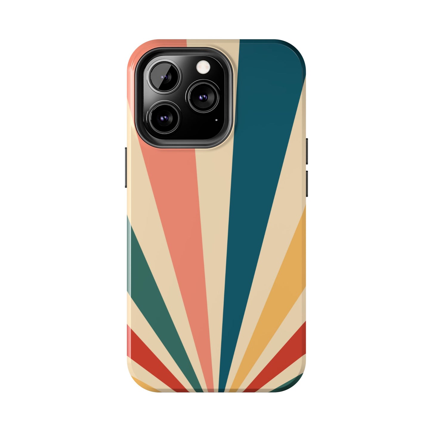 Retro Sunbeam iPhone Case – 70s-Inspired Radiating Stripes in Coral, Teal, and Mustard
