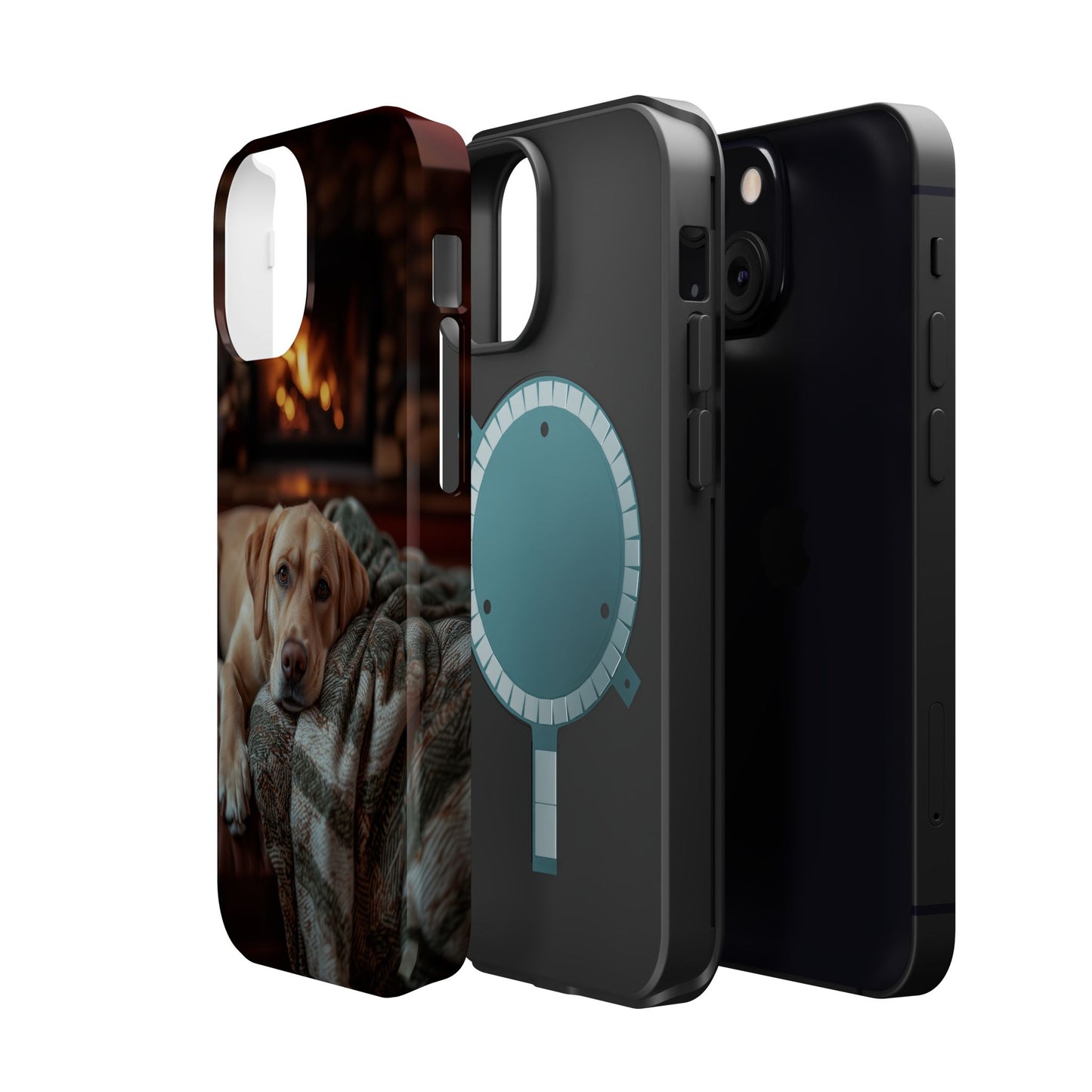 Cozy Labrador by Fireplace MagSafe iPhone Case – Rustic Cabin Protective Cover