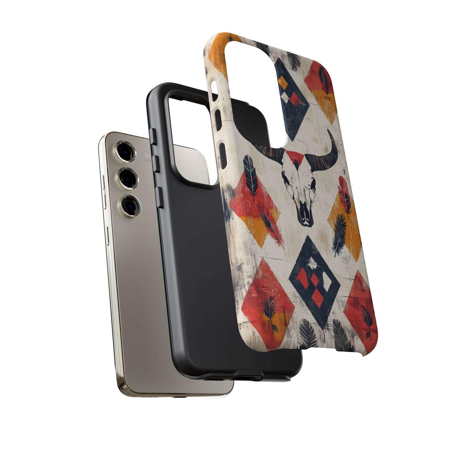 Western Bull Skull & Feathers Tough Samsung Galaxy Case – Bold Tribal Design, Dual-Layer Protection
