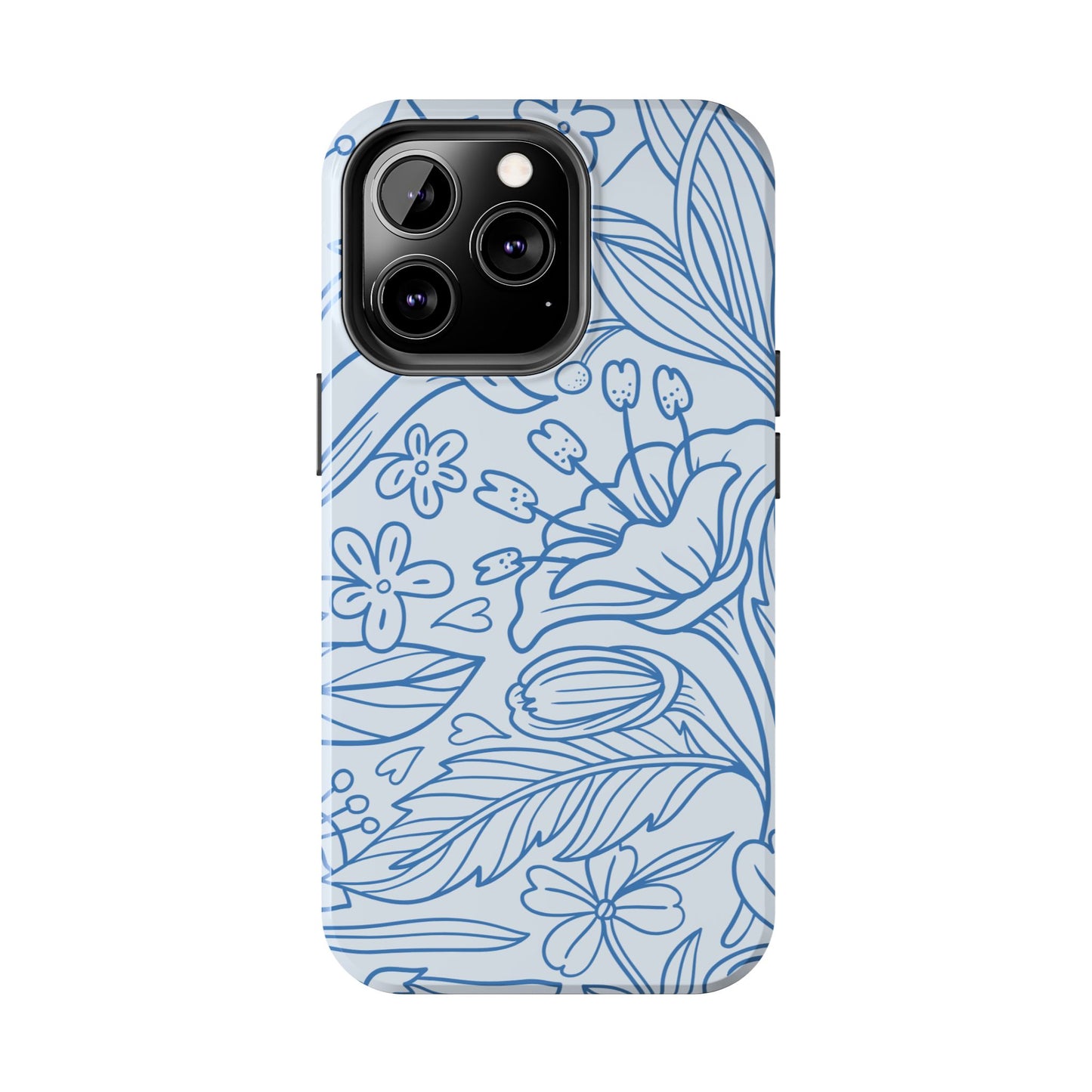 Dusty Blue Floral Line Art Tough iPhone Case – Minimalist Botanical Design with Dual-Layer Protection