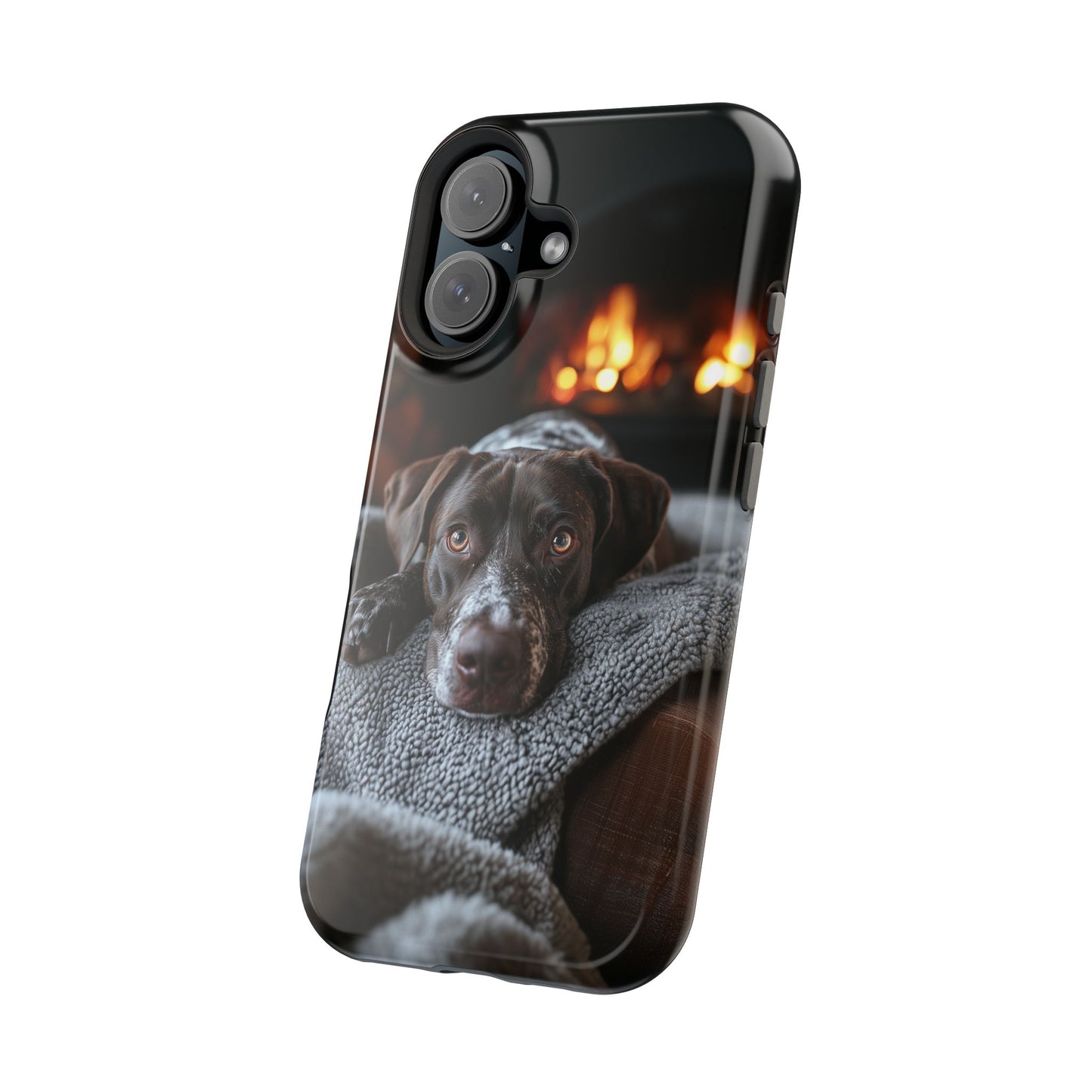 Cozy German Shorthaired Pointer MagSafe iPhone Case – Rustic Fireplace Protective Cover