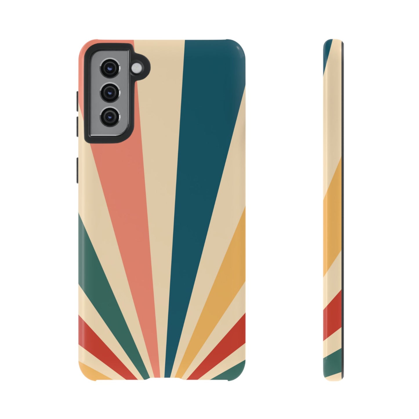 Retro Sunbeam Samsung Galaxy Case – 70s-Inspired Radiating Stripes in Coral, Teal, and Mustard