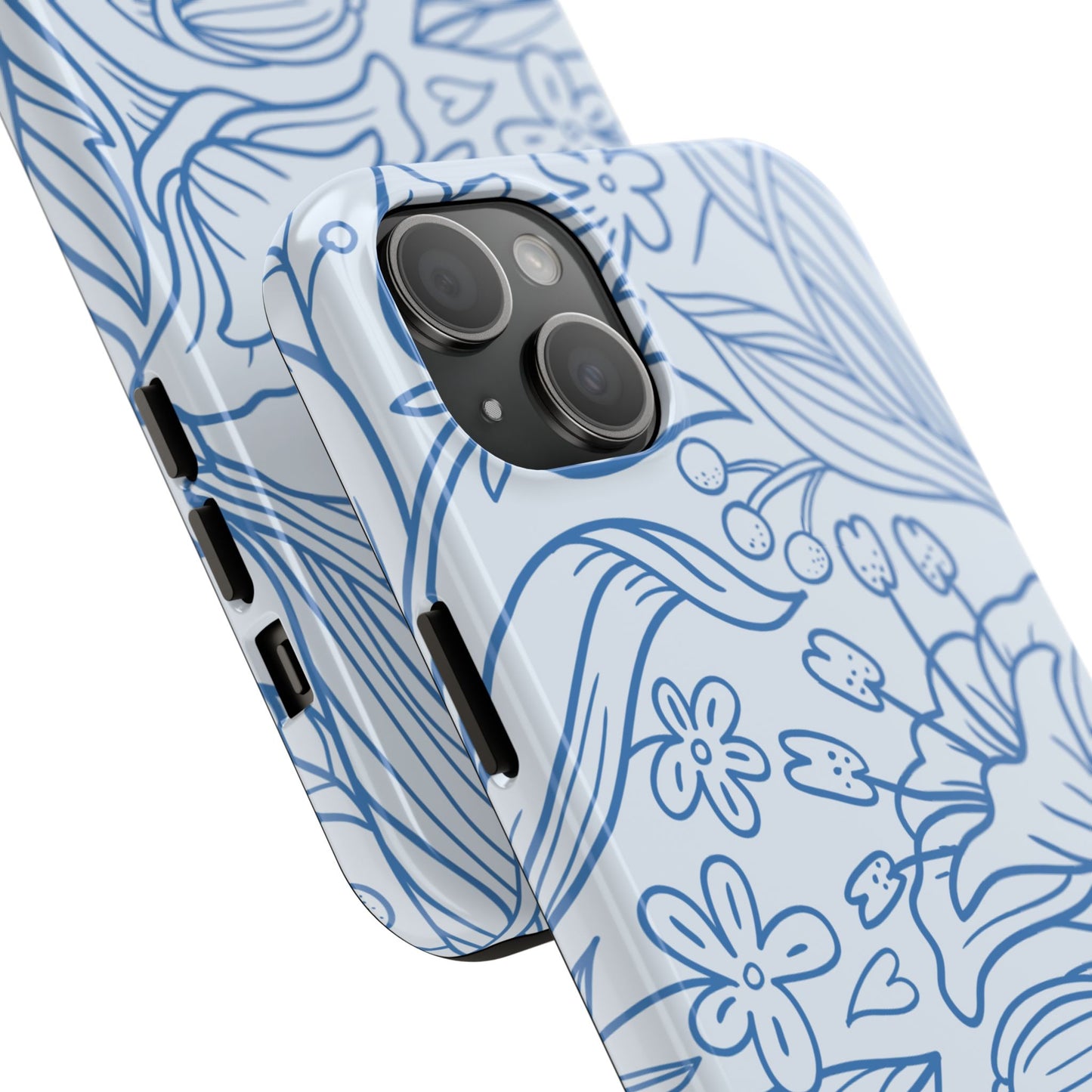 Dusty Blue Floral Line Art Tough iPhone Case – Minimalist Botanical Design with Dual-Layer Protection