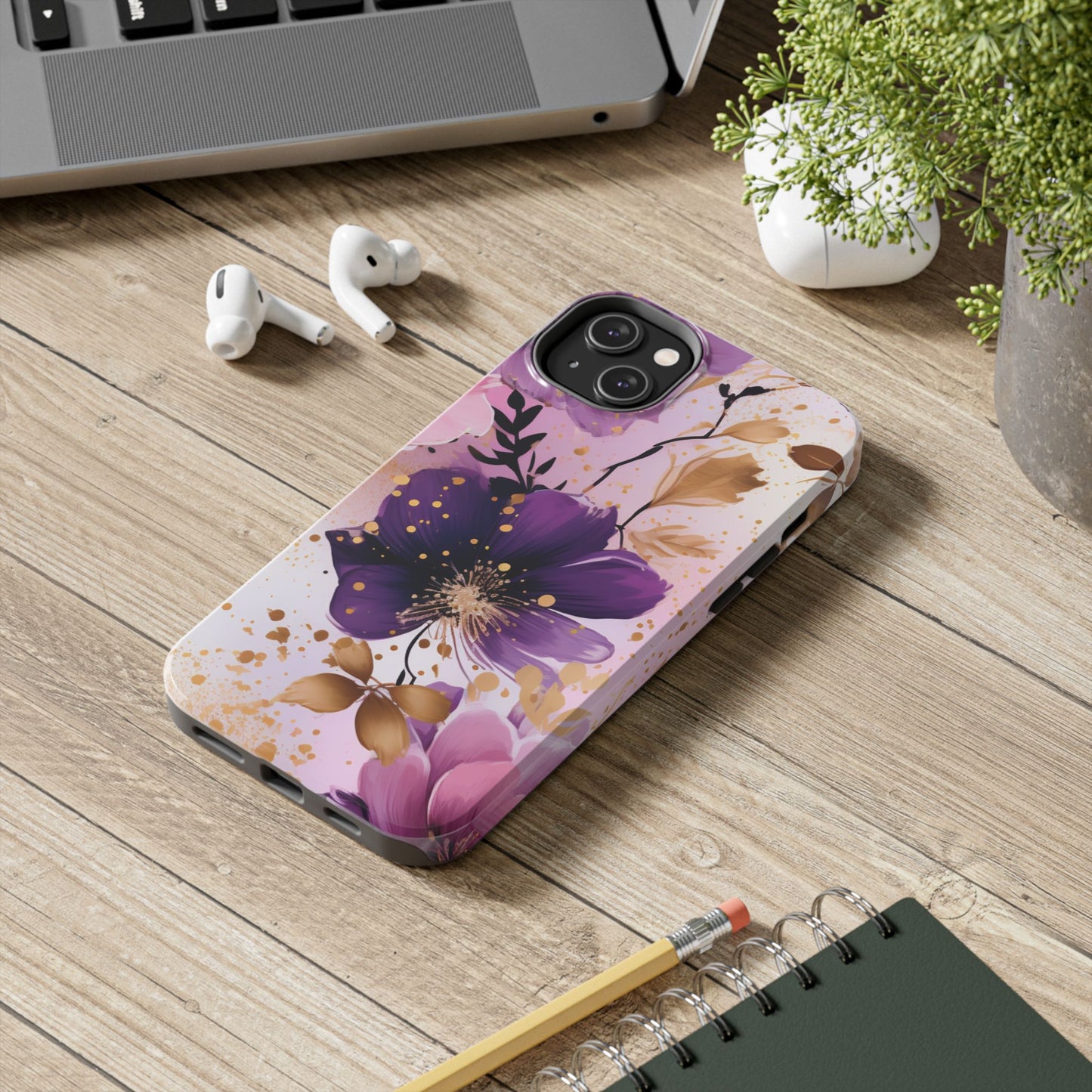 Elegant Purple & Gold Floral iPhone Case - Luxe Flower Design