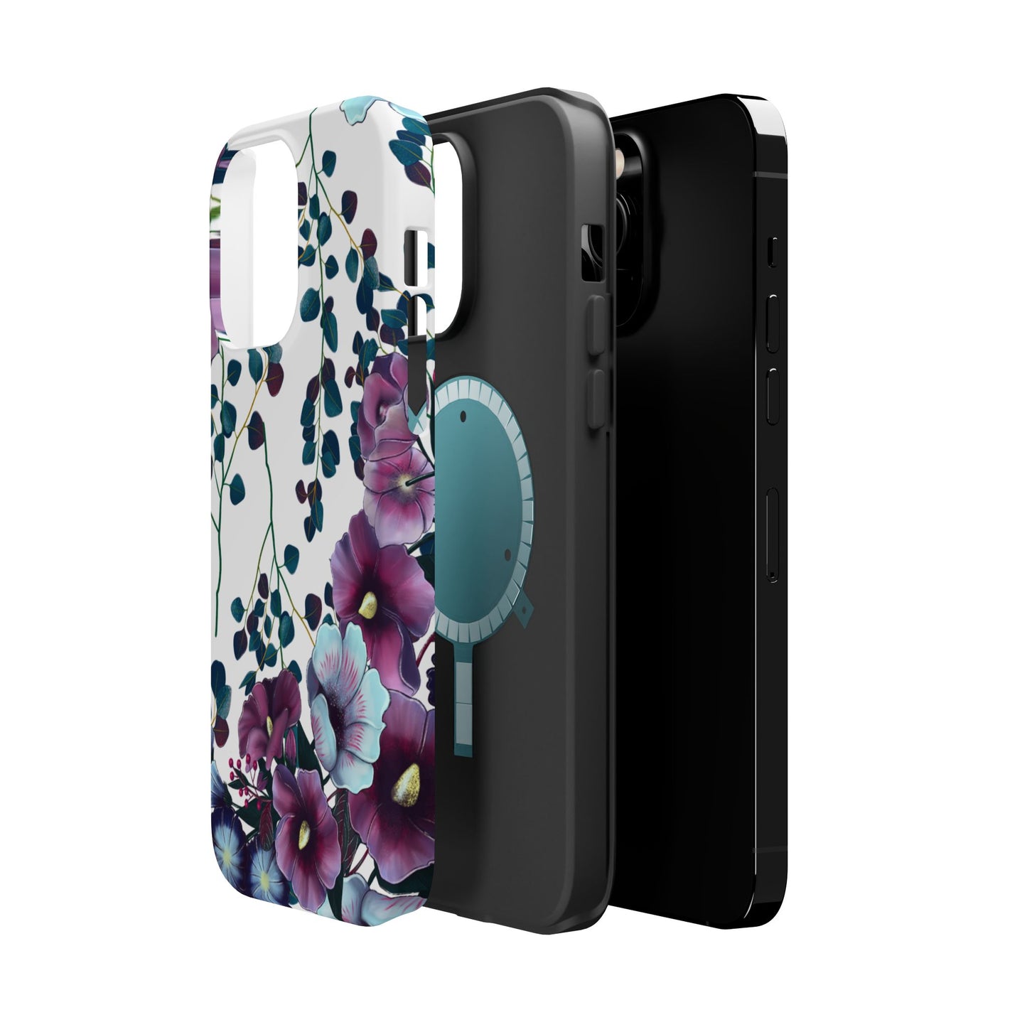 Moody Purple & Teal Floral MagSafe iPhone Series Case – Elegant Botanical Design