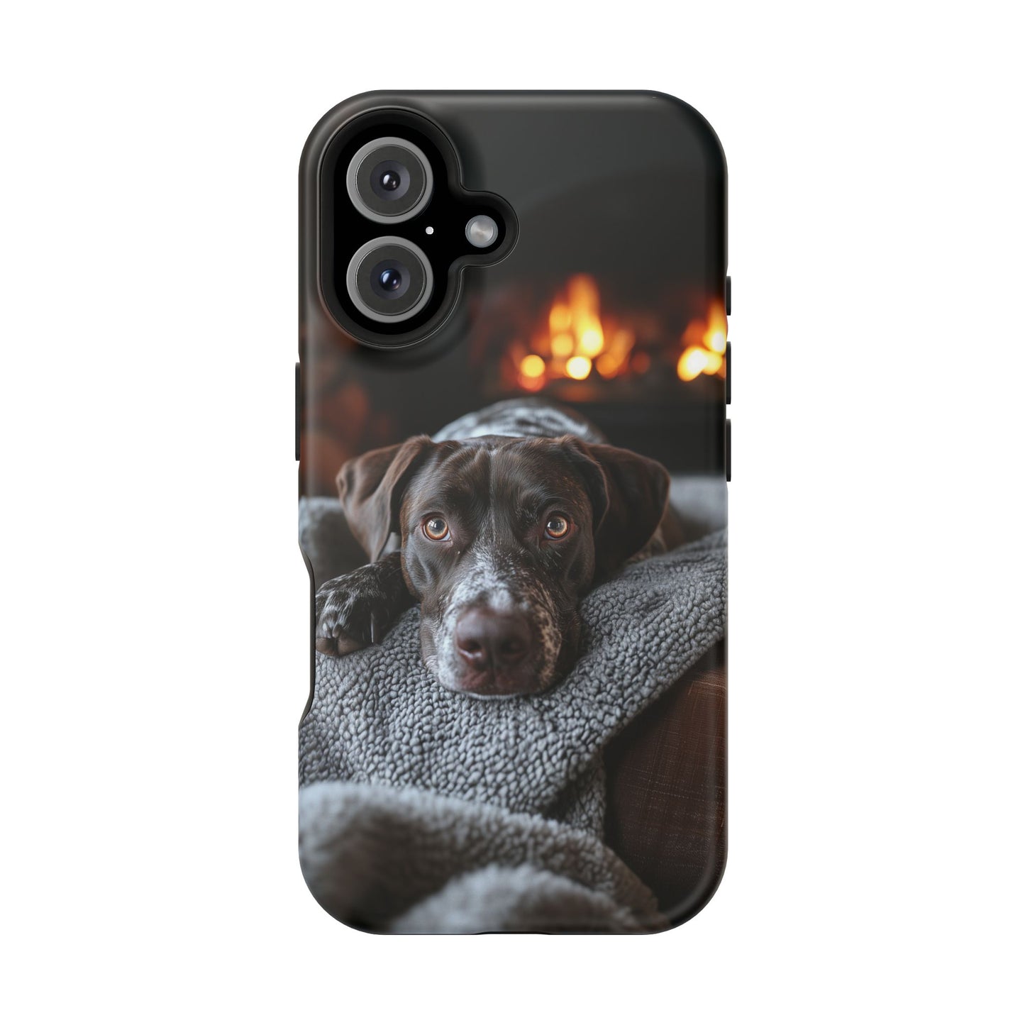 Cozy German Shorthaired Pointer MagSafe iPhone Case – Rustic Fireplace Protective Cover