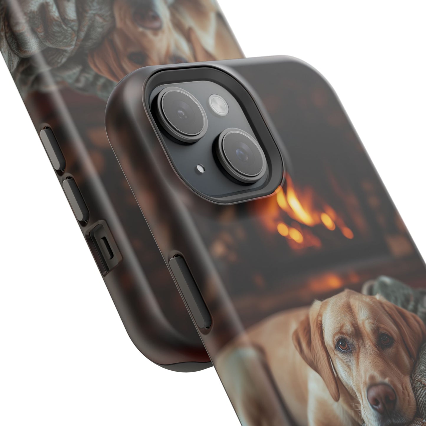 Cozy Labrador by Fireplace MagSafe iPhone Case – Rustic Cabin Protective Cover