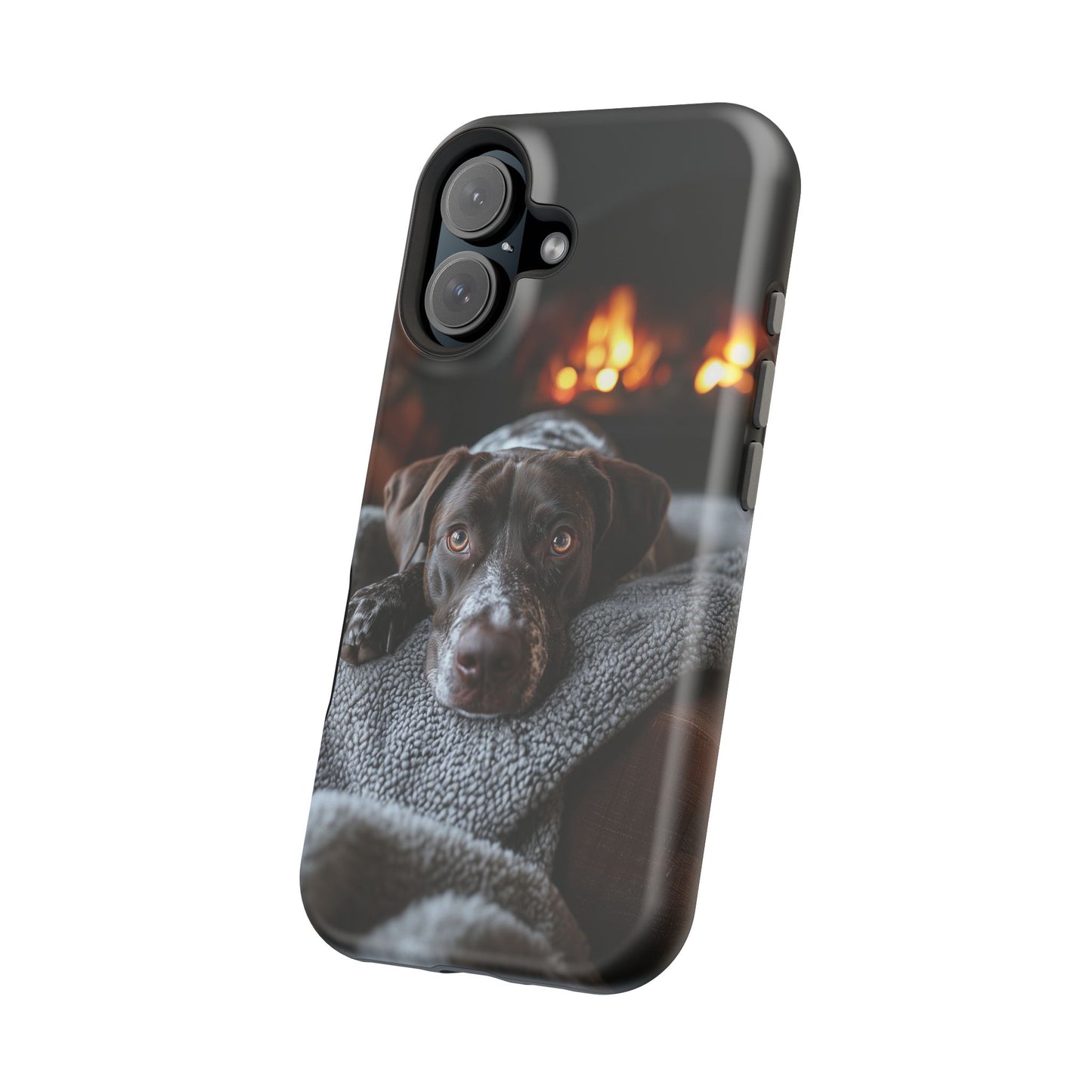 Cozy German Shorthaired Pointer MagSafe iPhone Case – Rustic Fireplace Protective Cover