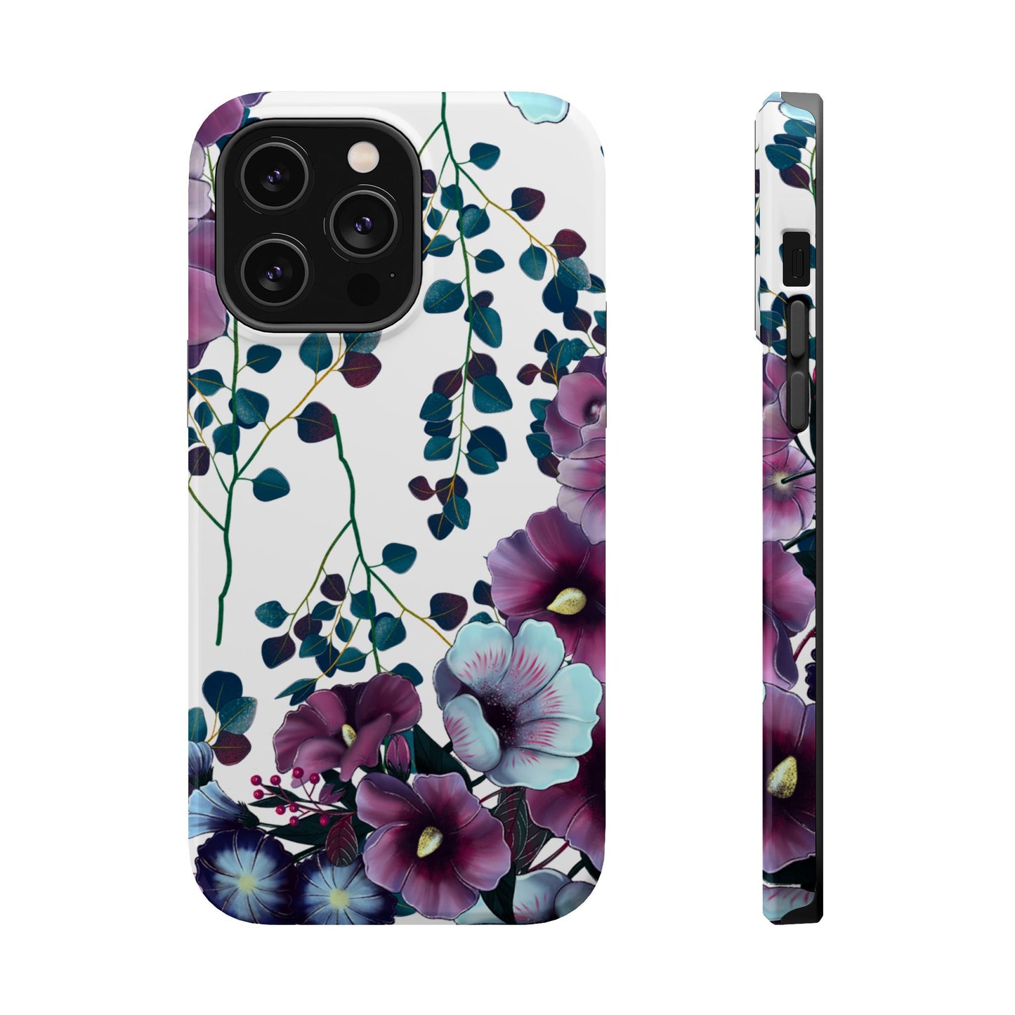Moody Purple & Teal Floral MagSafe iPhone Series Case – Elegant Botanical Design