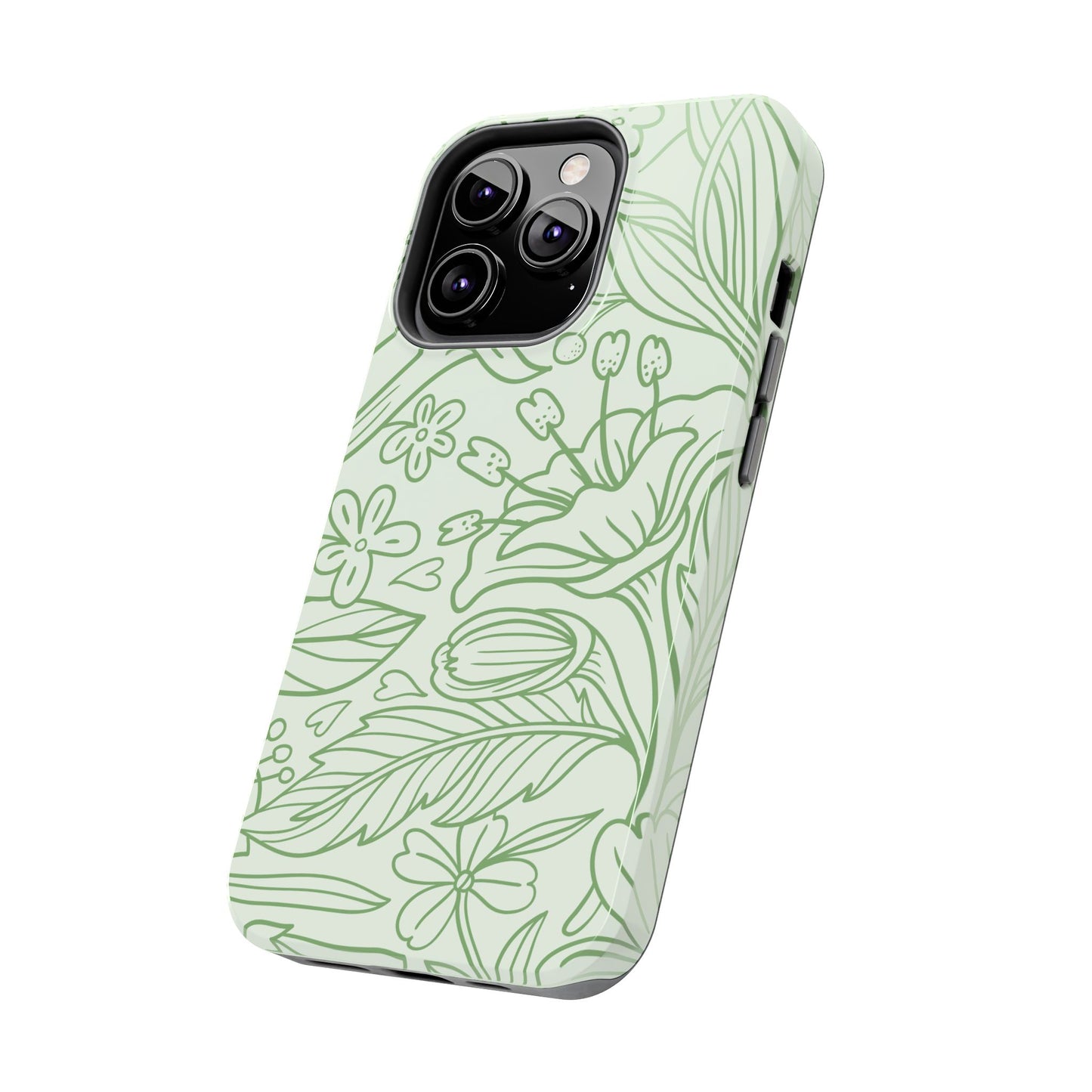 Sage Green Floral Line Art Tough iPhone Case – Minimalist Botanical Design with Dual-Layer Protection