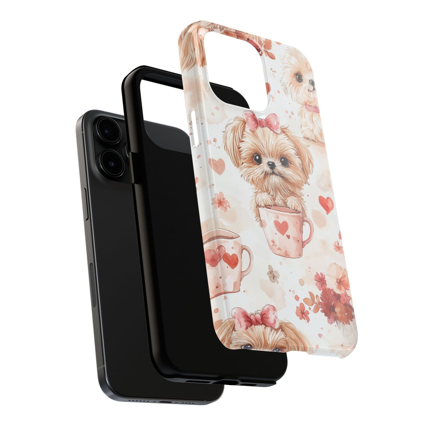 Puppies & Heart Mugs iPhone Case – Sweet Dog & Floral Design, Shockproof & Slim - BOGO Cases