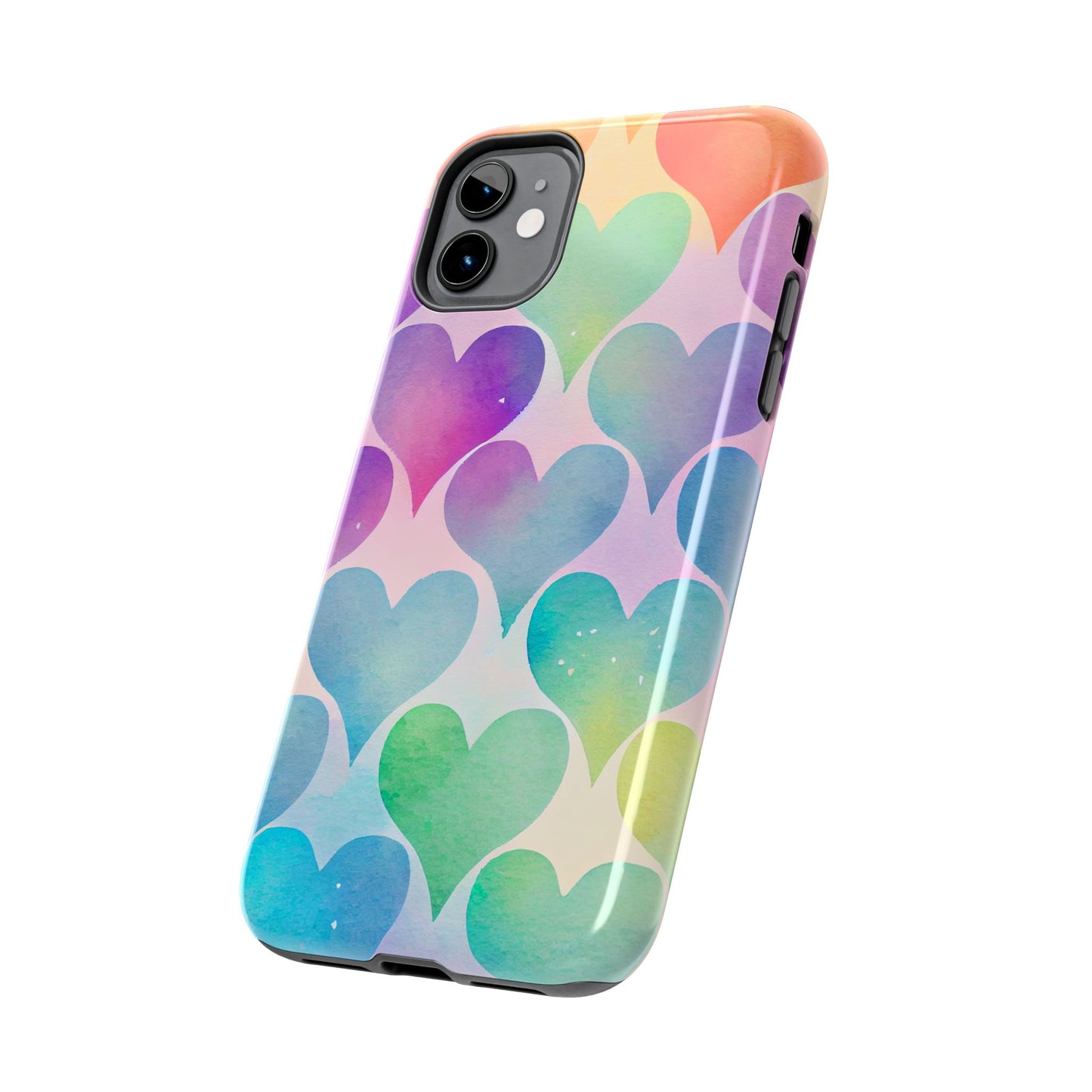 Rainbow Hearts Watercolor iPhone Case – Slim Design, Glossy Finish