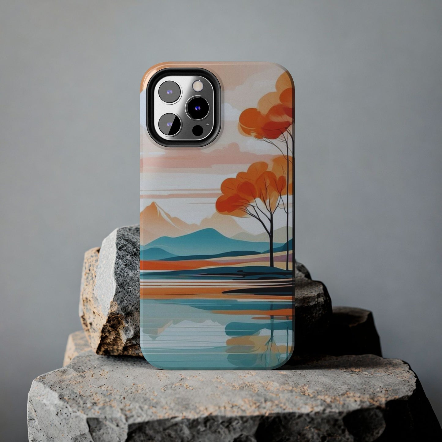 Serene Sunset Lake iPhone Case – Minimalist Landscape Art, Dual-Layer Protection