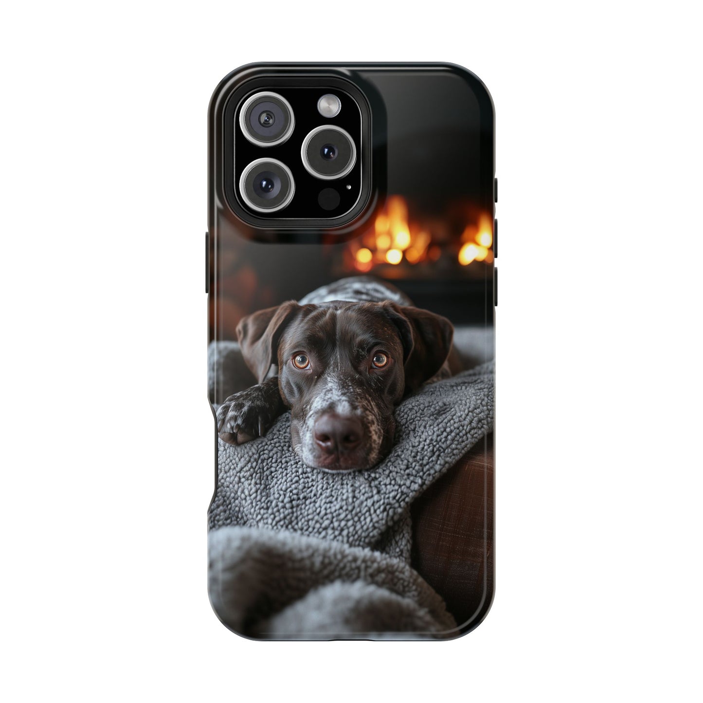 Cozy German Shorthaired Pointer MagSafe iPhone Case – Rustic Fireplace Protective Cover