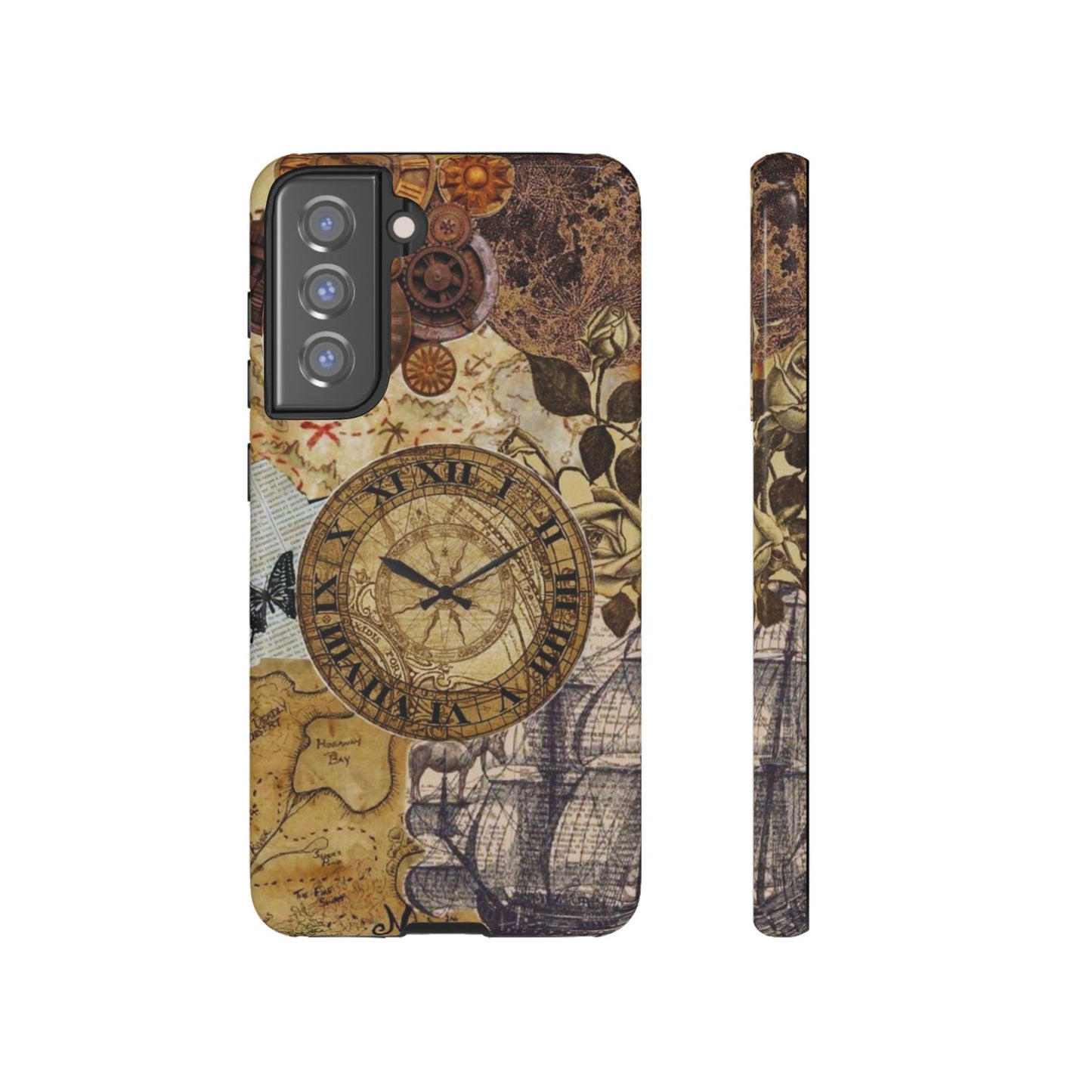 Steampunk Vintage Adventure Samsung Galaxy Case – Dual-Layer Protection with Antique Map and Clock Design
