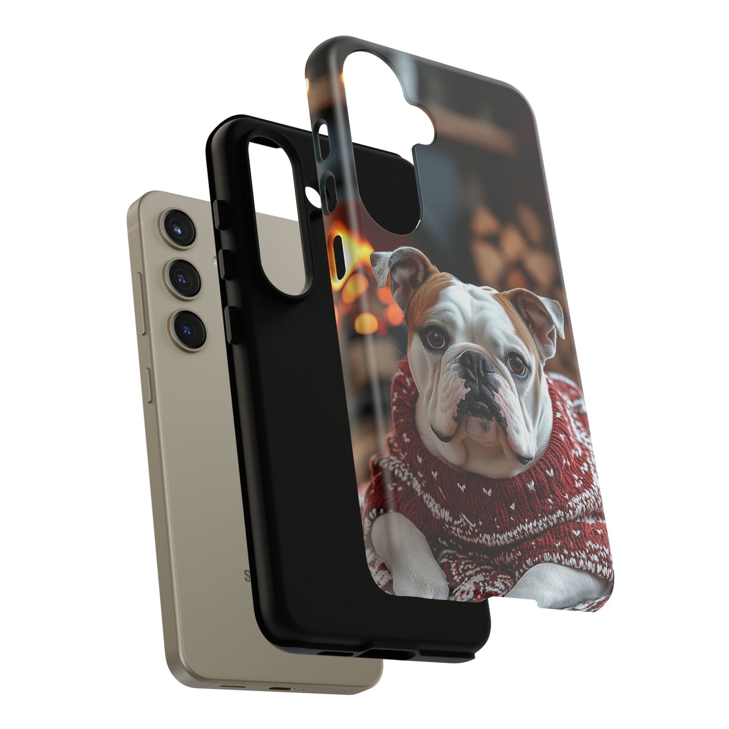 Cozy Bulldog in Sweater Samsung Galaxy Case – Festive Fireplace Protective Cove