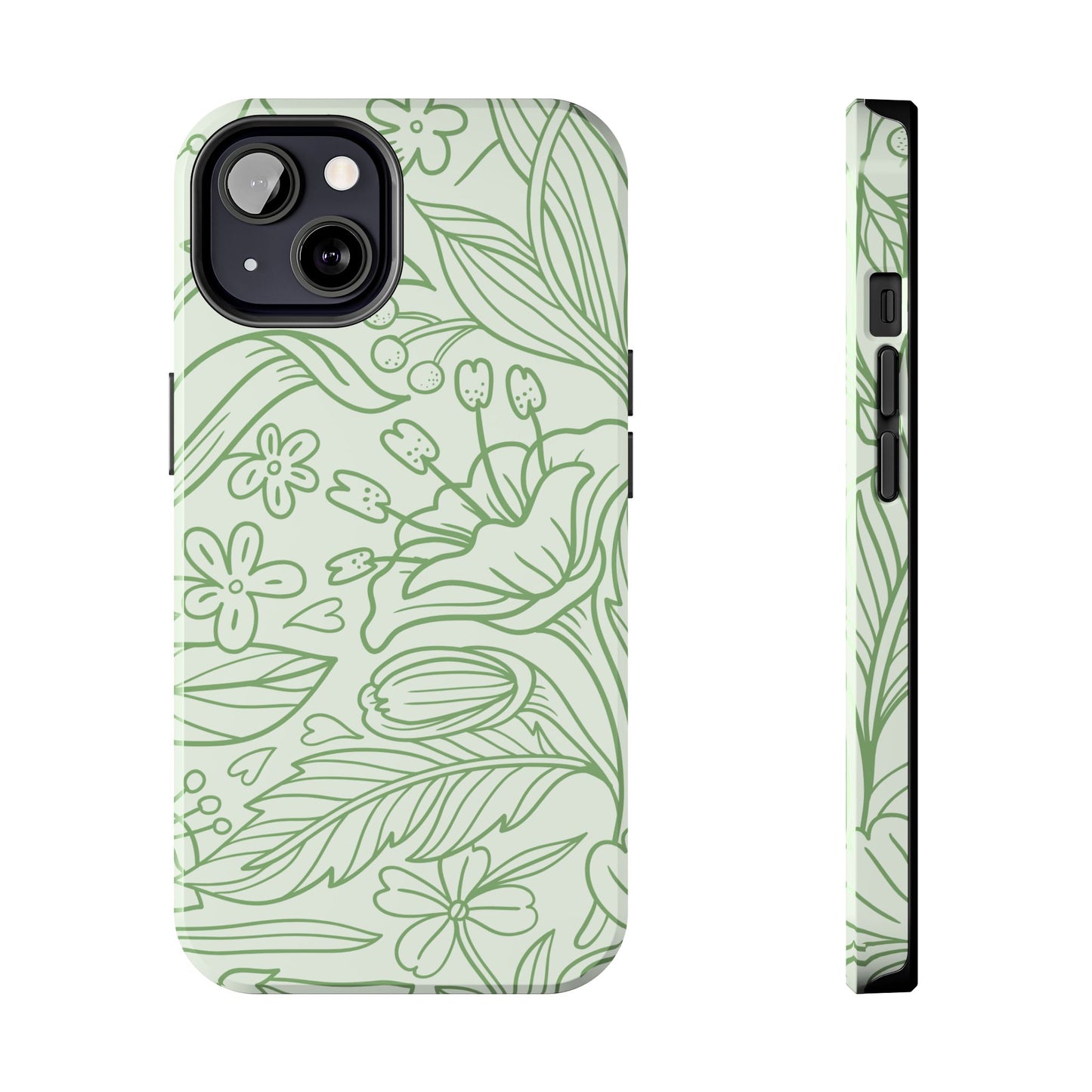 Sage Green Floral Line Art Tough iPhone Case – Minimalist Botanical Design with Dual-Layer Protection