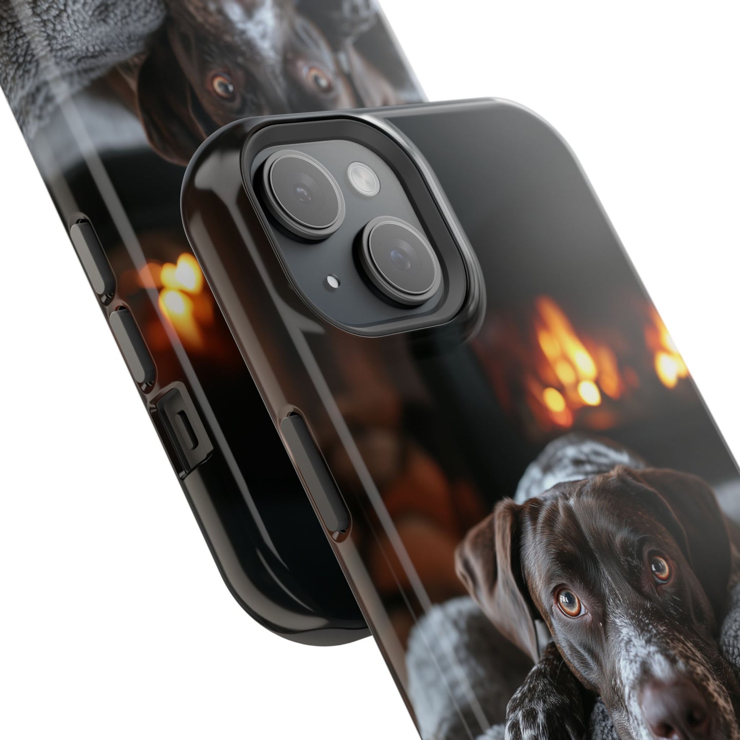 Cozy German Shorthaired Pointer MagSafe iPhone Case – Rustic Fireplace Protective Cover