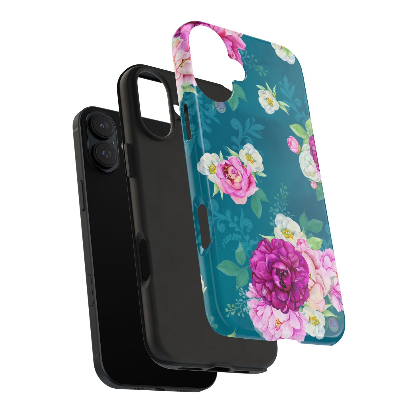 Elegant Peony Bouquet iPhone Case – Deep Teal Background with Romantic Floral Design